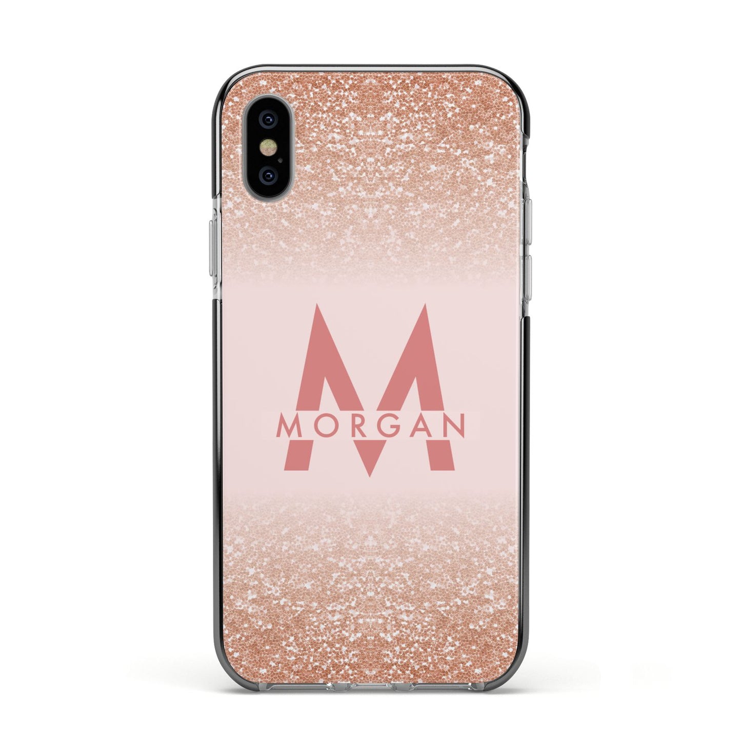 Personalised Printed Glitter Name Initials Apple iPhone Xs Impact Case Black Edge on Silver Phone