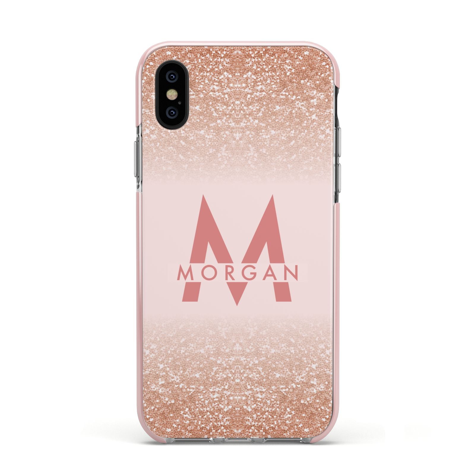 Personalised Printed Glitter Name Initials Apple iPhone Xs Impact Case Pink Edge on Black Phone
