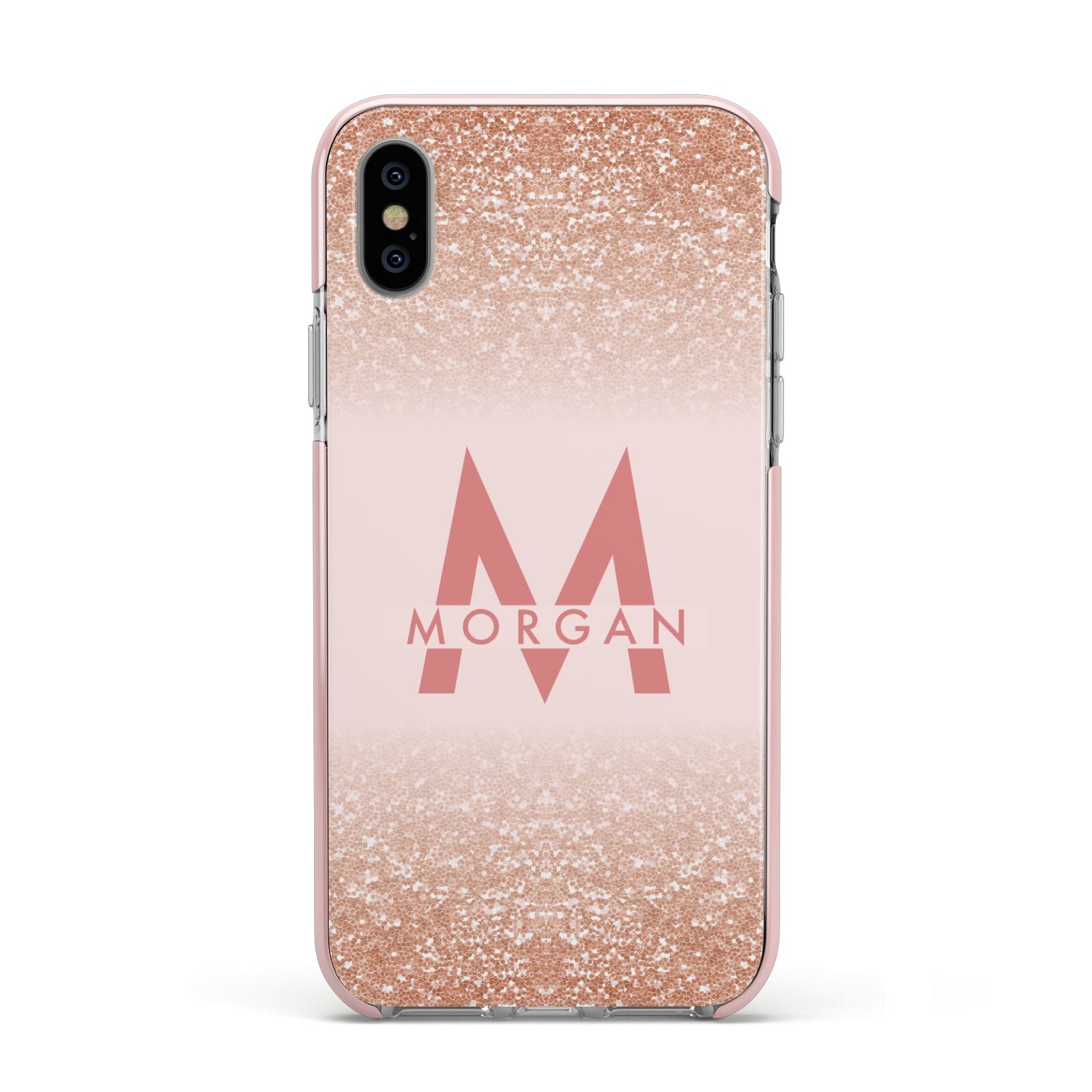 Personalised Printed Glitter Name Initials Apple iPhone Xs Impact Case Pink Edge on Silver Phone