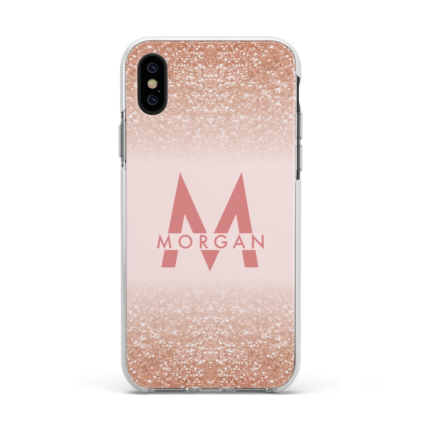 Personalised Printed Glitter Name Initials Apple iPhone Xs Impact Case White Edge on Black Phone