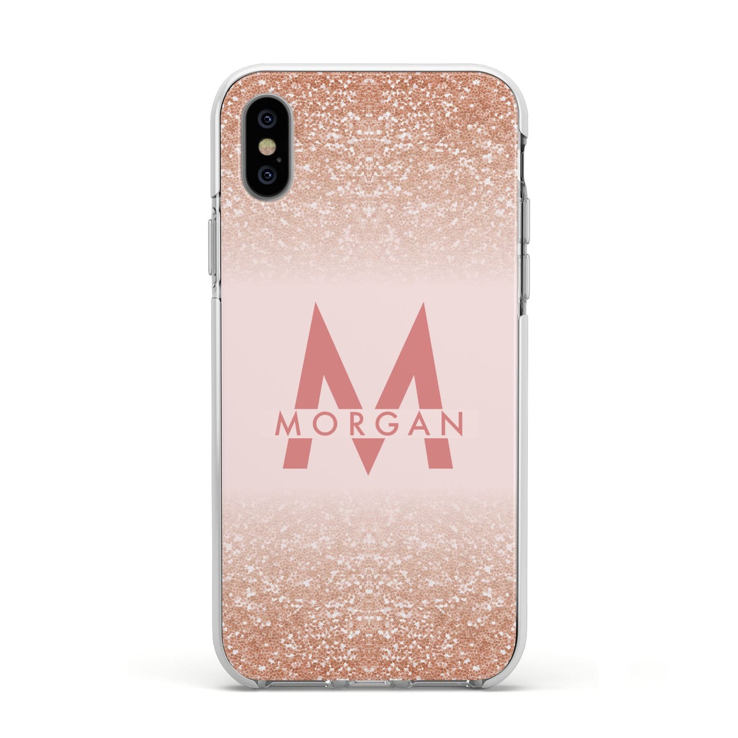Personalised Printed Glitter Name Initials Apple iPhone Xs Impact Case White Edge on Silver Phone