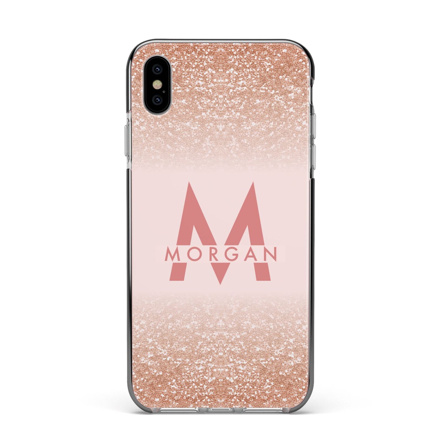 Personalised Printed Glitter Name Initials Apple iPhone Xs Max Impact Case Black Edge on Silver Phone