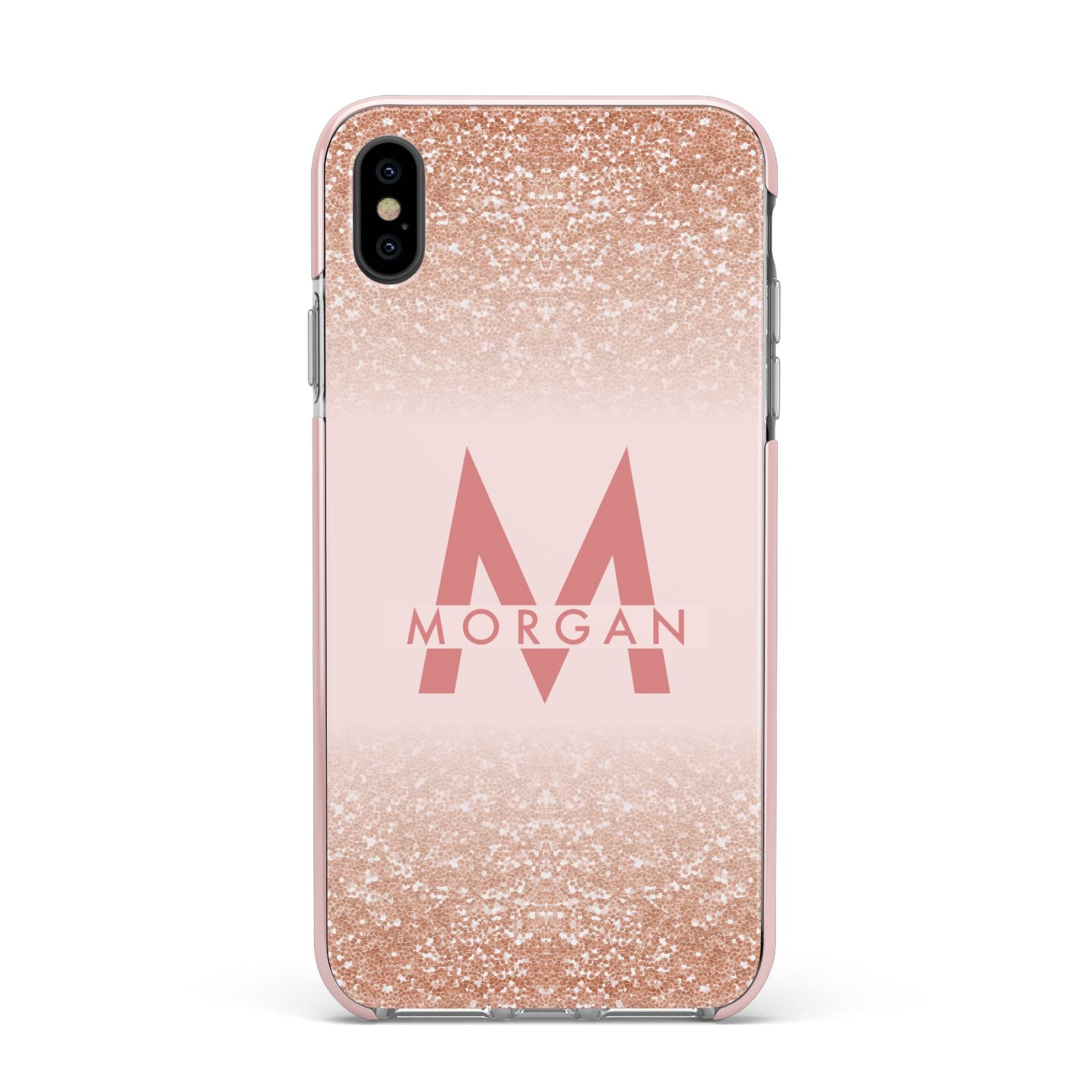Personalised Printed Glitter Name Initials Apple iPhone Xs Max Impact Case Pink Edge on Black Phone