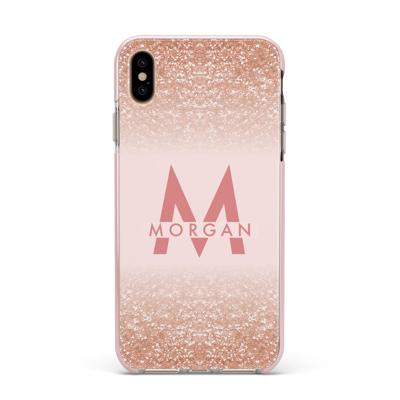 Personalised Printed Glitter Name Initials Apple iPhone Xs Max Impact Case Pink Edge on Gold Phone