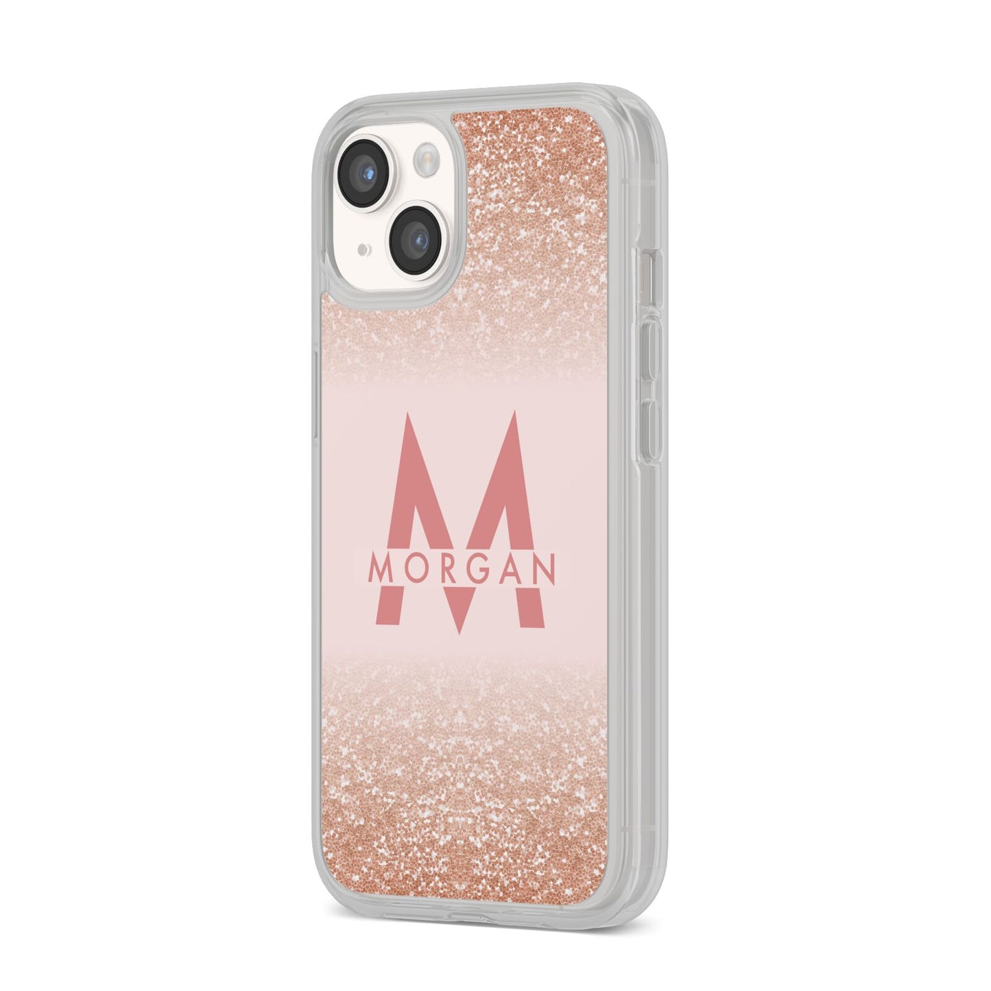 Personalised Printed Glitter Name Initials iPhone 14 Clear Tough Case Starlight Angled Image