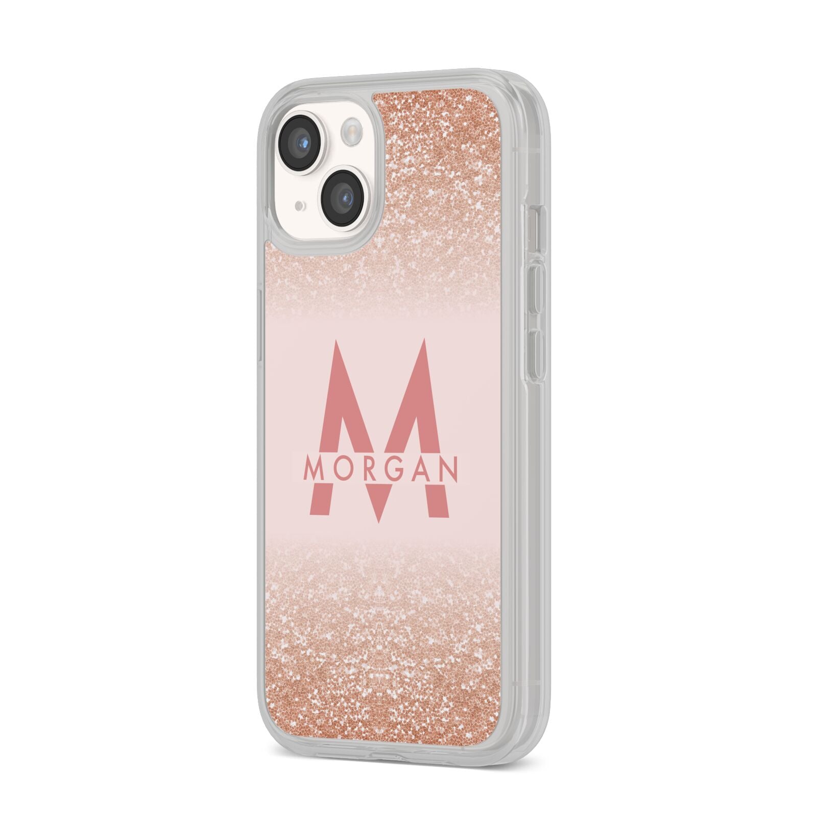 Personalised Printed Glitter Name Initials iPhone 14 Clear Tough Case Starlight Angled Image