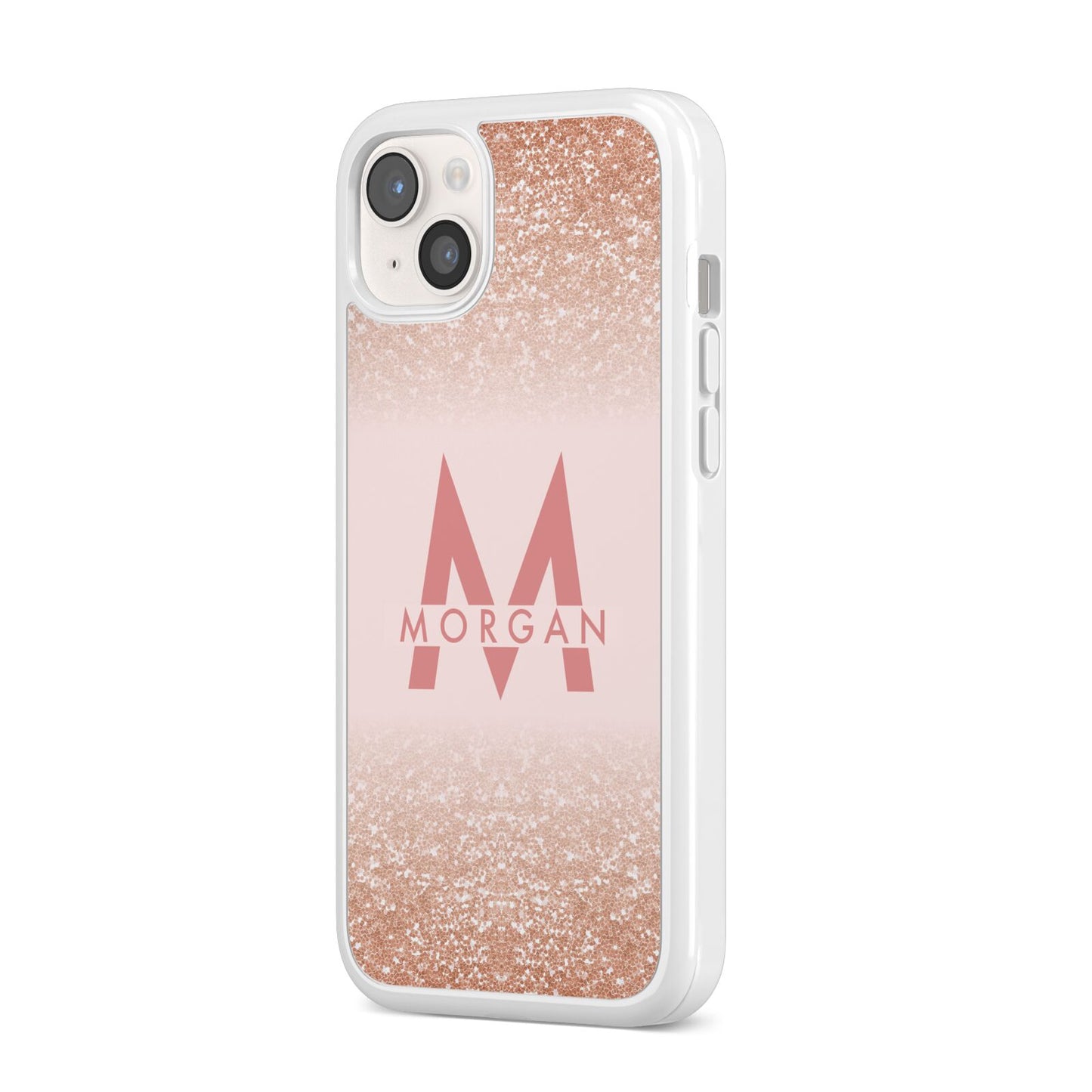 Personalised Printed Glitter Name Initials iPhone 14 Plus Clear Tough Case Starlight Angled Image