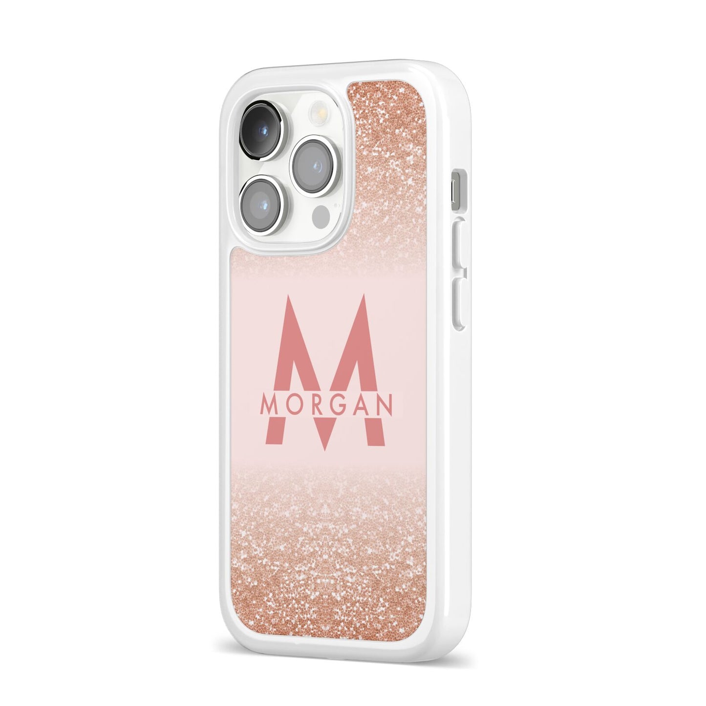 Personalised Printed Glitter Name Initials iPhone 14 Pro Clear Tough Case Silver Angled Image