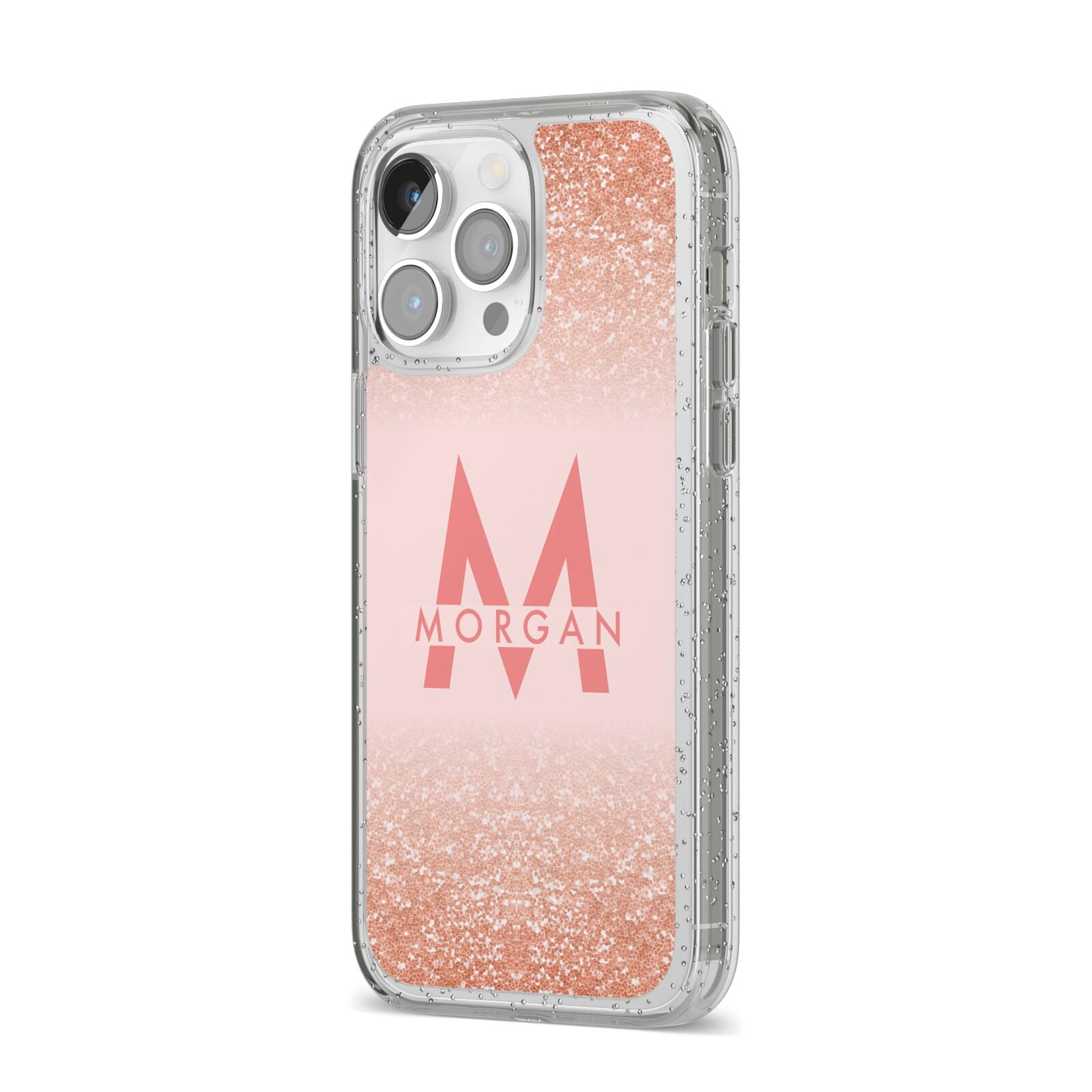 Personalised Printed Glitter Name Initials iPhone 14 Pro Max Glitter Tough Case Silver Angled Image