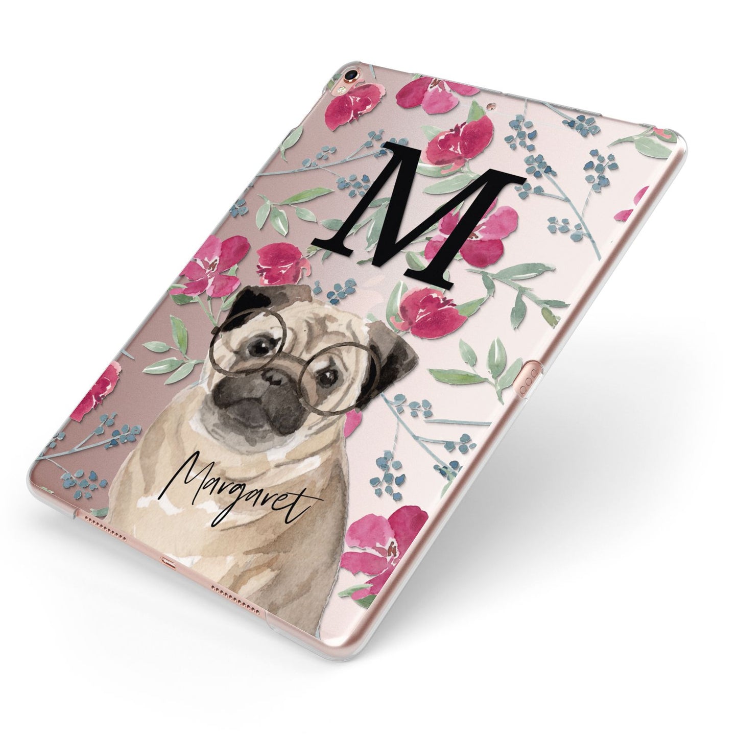 Personalised Pug Dog Apple iPad Case on Rose Gold iPad Side View