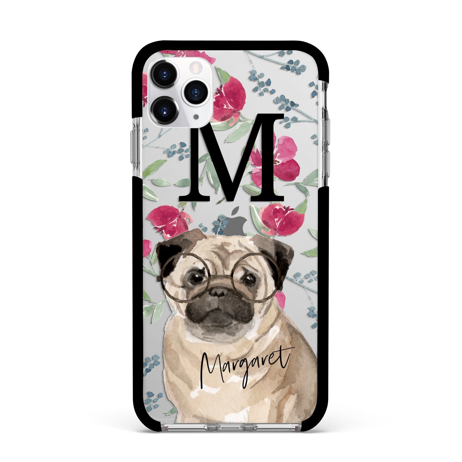 Personalised Pug Dog Apple iPhone 11 Pro Max in Silver with Black Impact Case