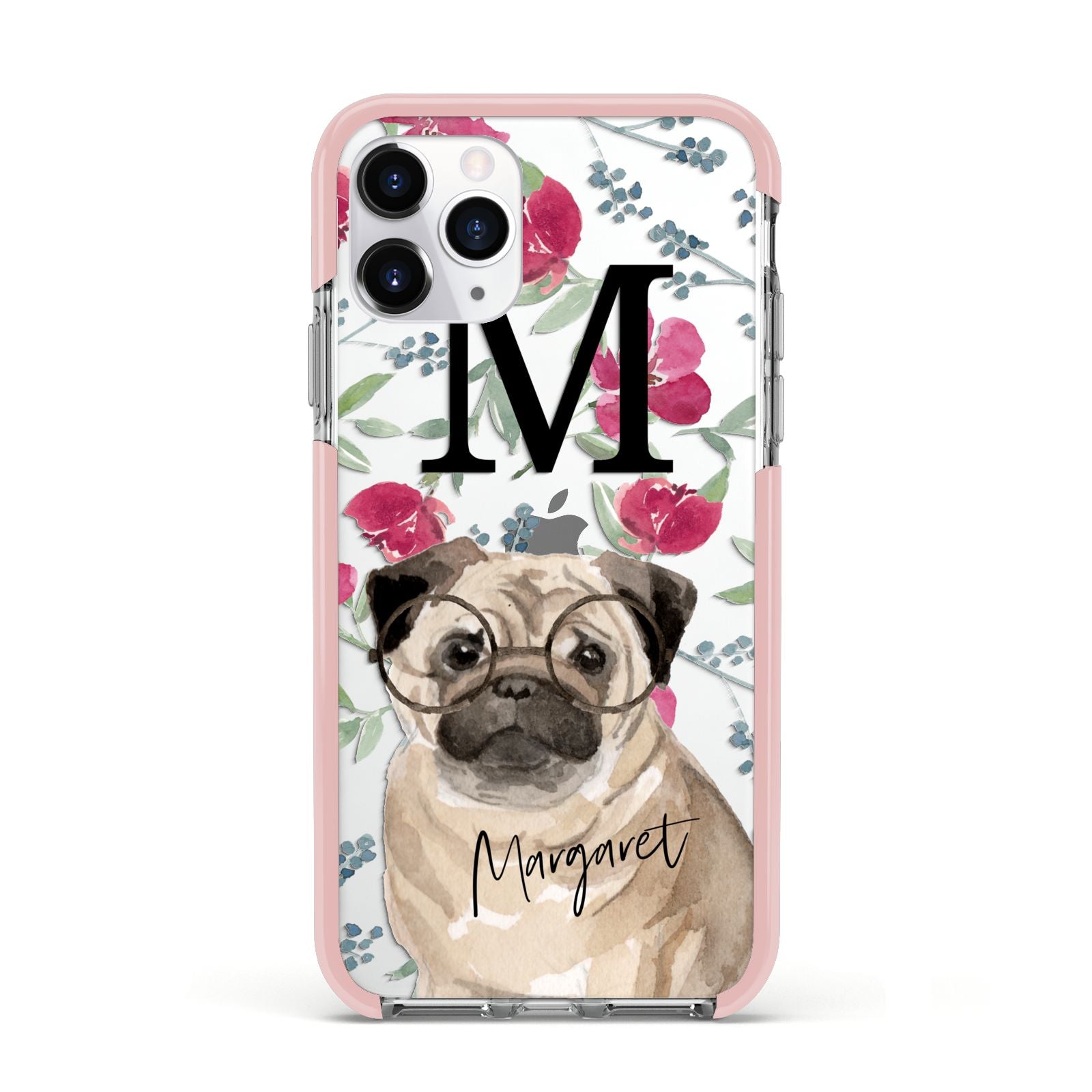Personalised Pug Dog Apple iPhone 11 Pro in Silver with Pink Impact Case
