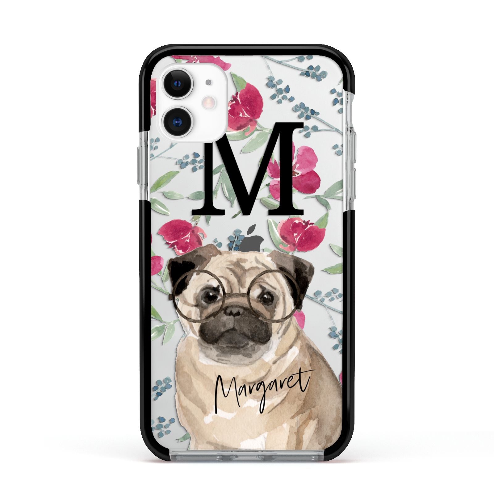 Personalised Pug Dog Apple iPhone 11 in White with Black Impact Case