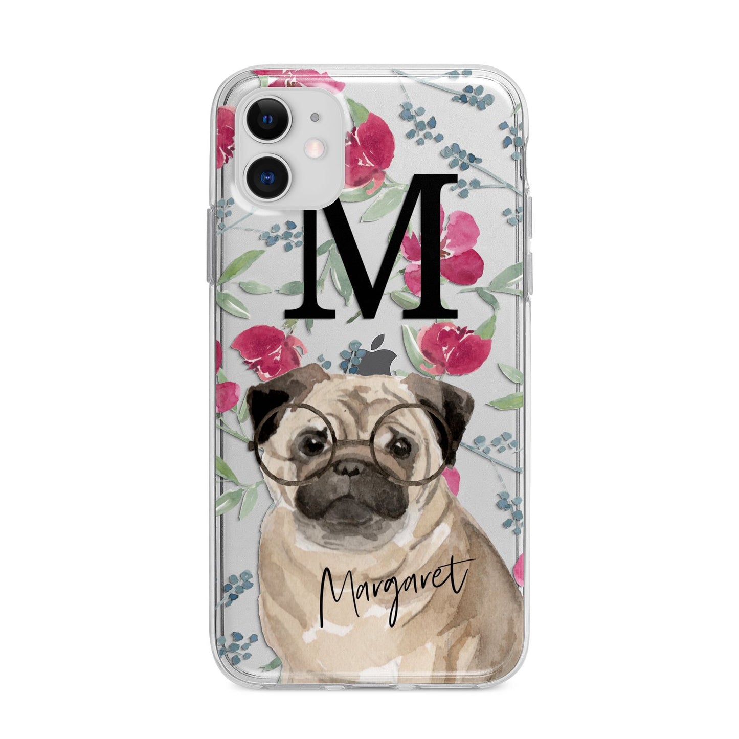 Personalised Pug Dog Apple iPhone 11 in White with Bumper Case