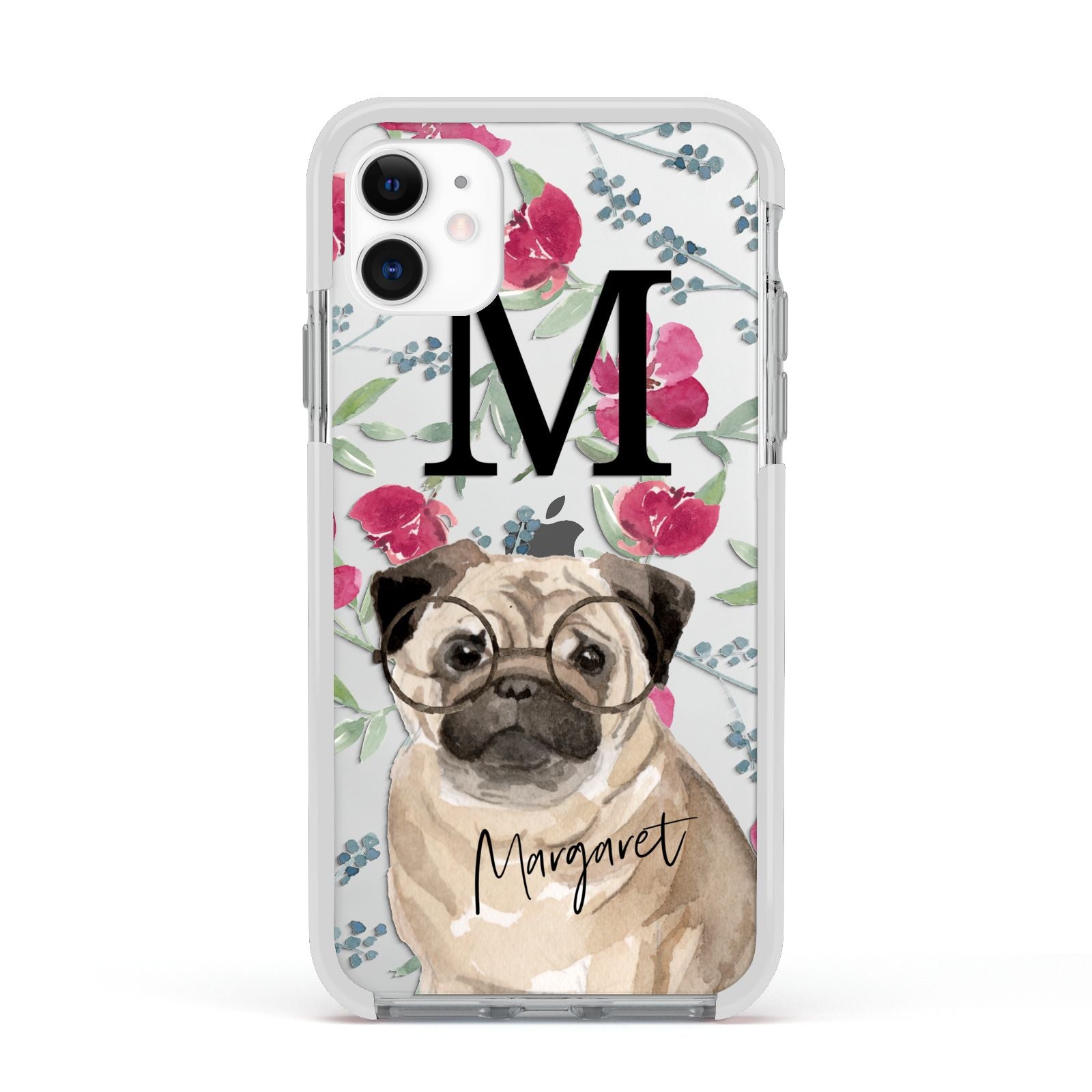 Personalised Pug Dog Apple iPhone 11 in White with White Impact Case