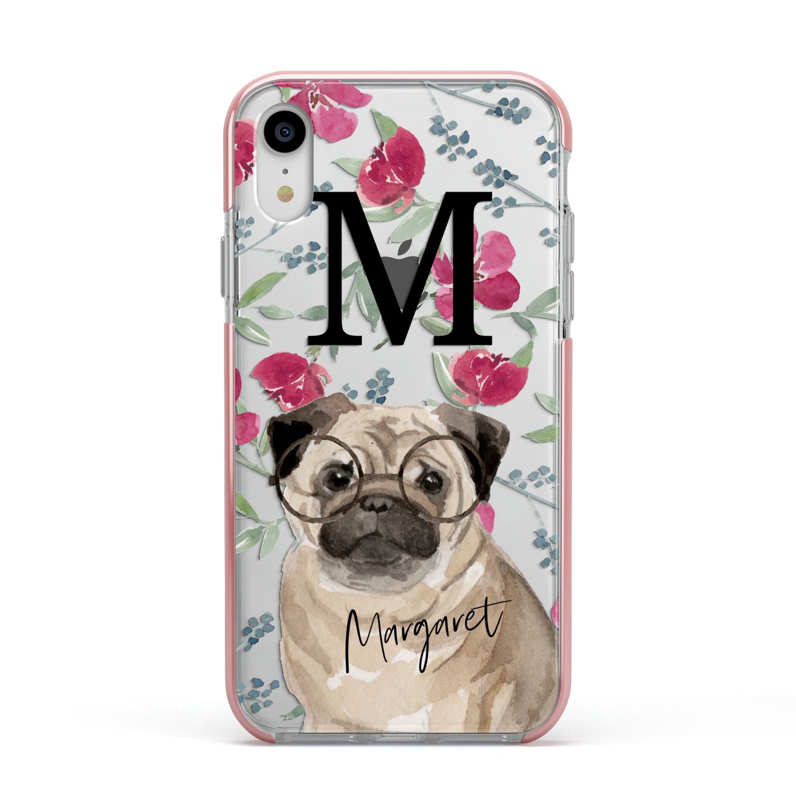 Personalised Pug Dog Apple iPhone XR Impact Case Pink Edge on Silver Phone