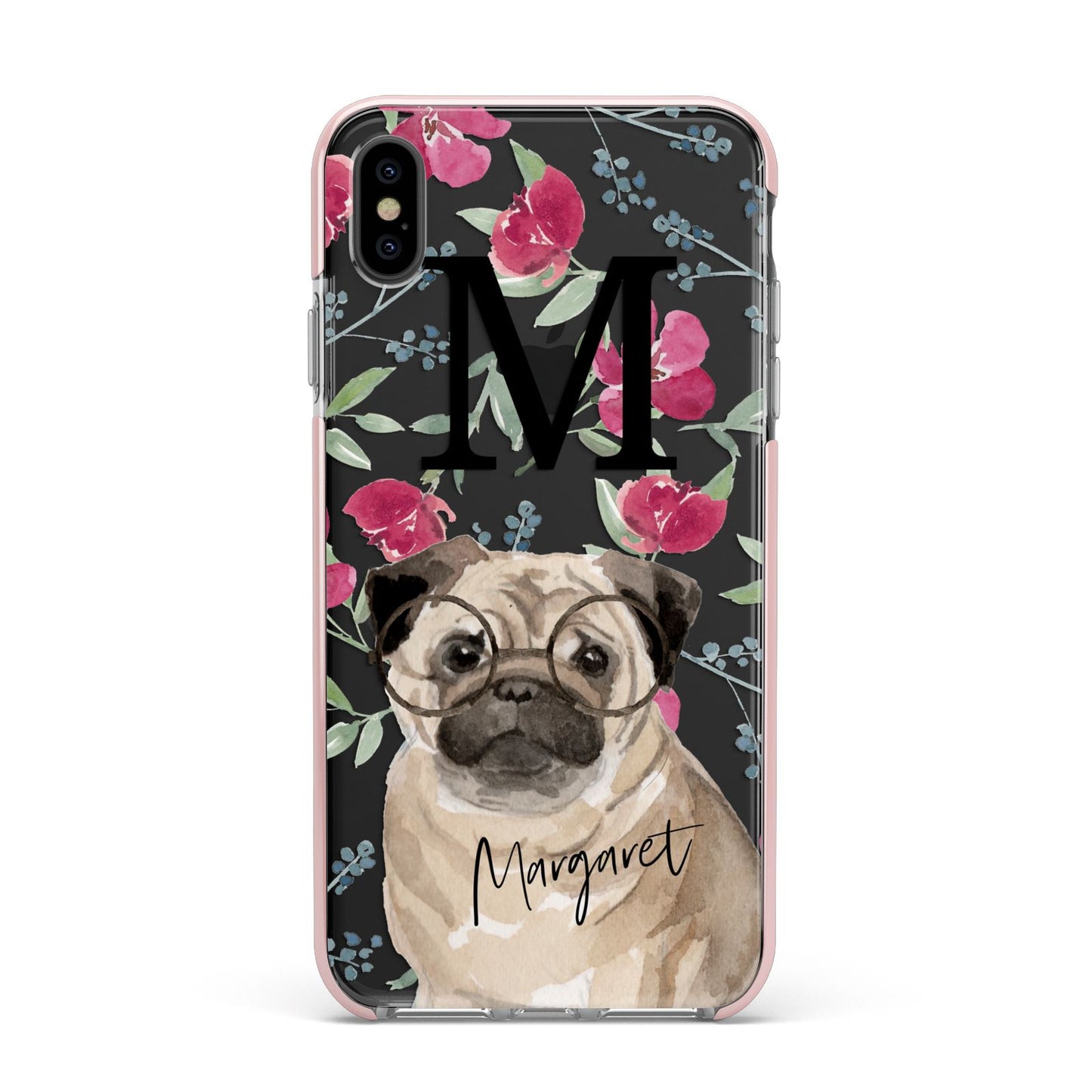 Personalised Pug Dog Apple iPhone Xs Max Impact Case Pink Edge on Black Phone