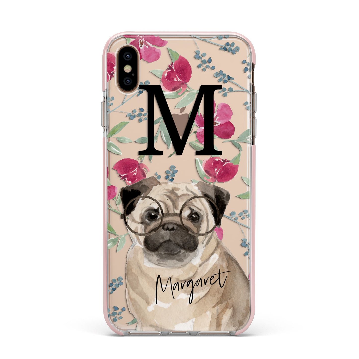 Personalised Pug Dog Apple iPhone Xs Max Impact Case Pink Edge on Gold Phone