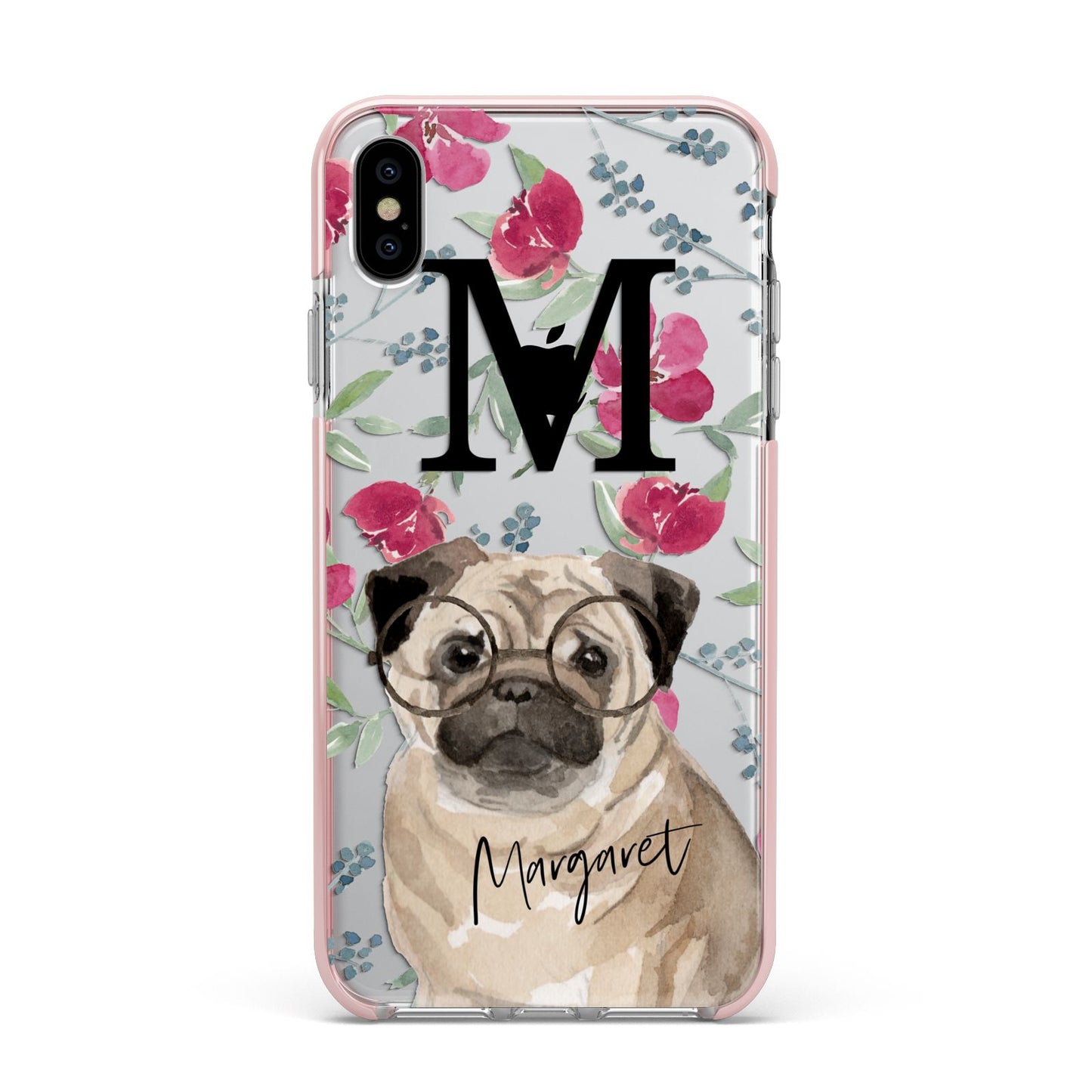 Personalised Pug Dog Apple iPhone Xs Max Impact Case Pink Edge on Silver Phone