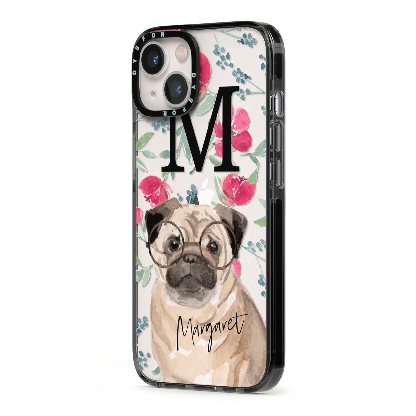 Personalised Pug Dog iPhone 13 Black Impact Case Side Angle on Silver phone