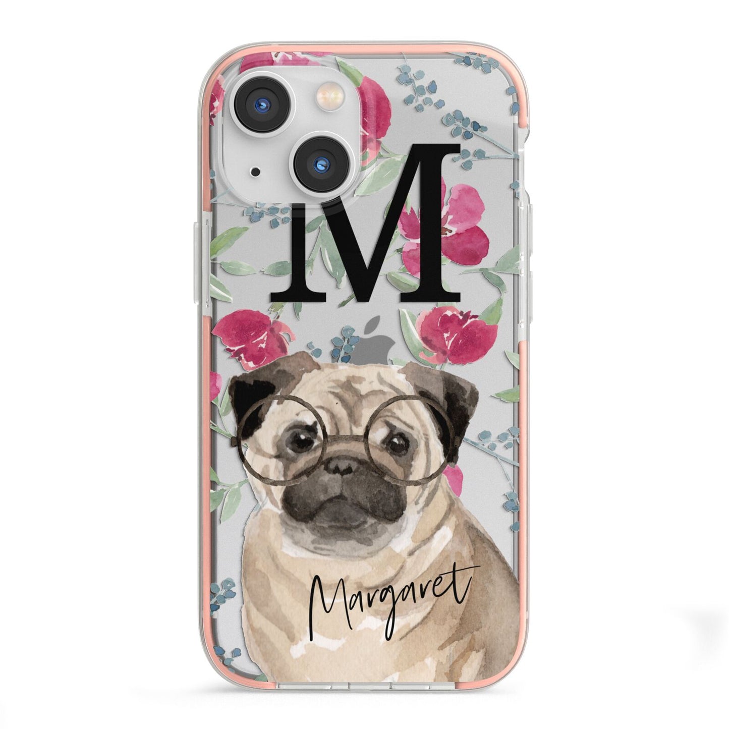 Personalised Pug Dog iPhone 13 Mini TPU Impact Case with Pink Edges