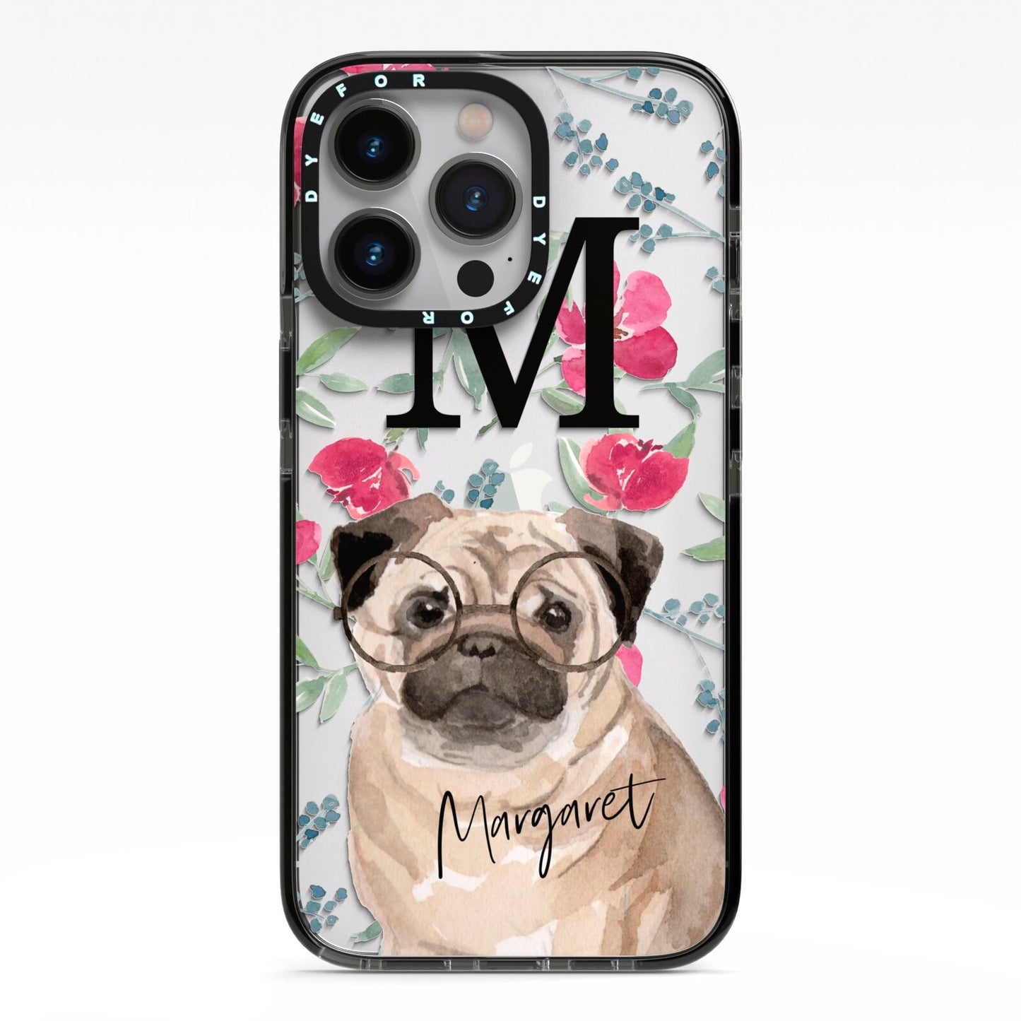 Personalised Pug Dog iPhone 13 Pro Black Impact Case on Silver phone