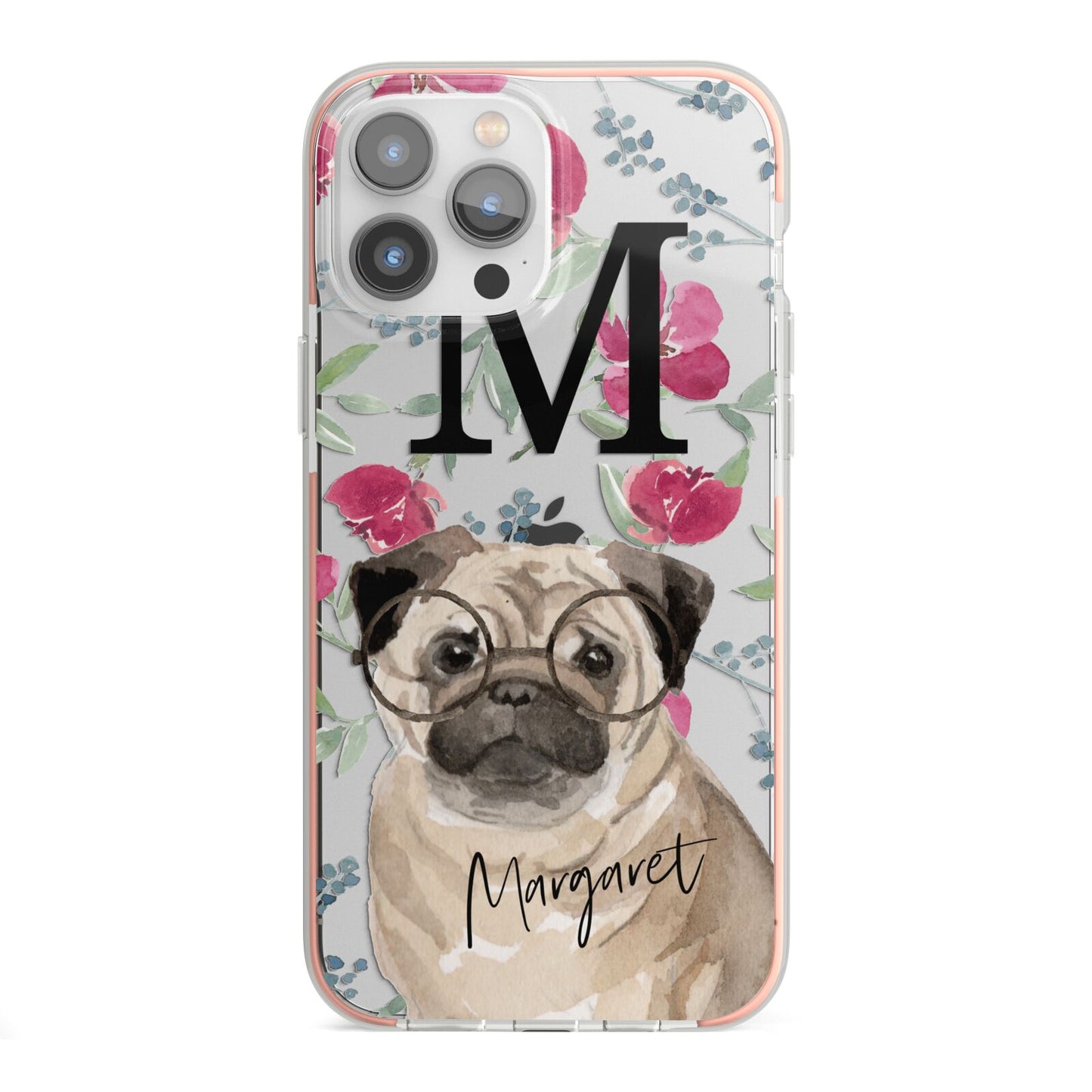 Personalised Pug Dog iPhone 13 Pro Max TPU Impact Case with Pink Edges