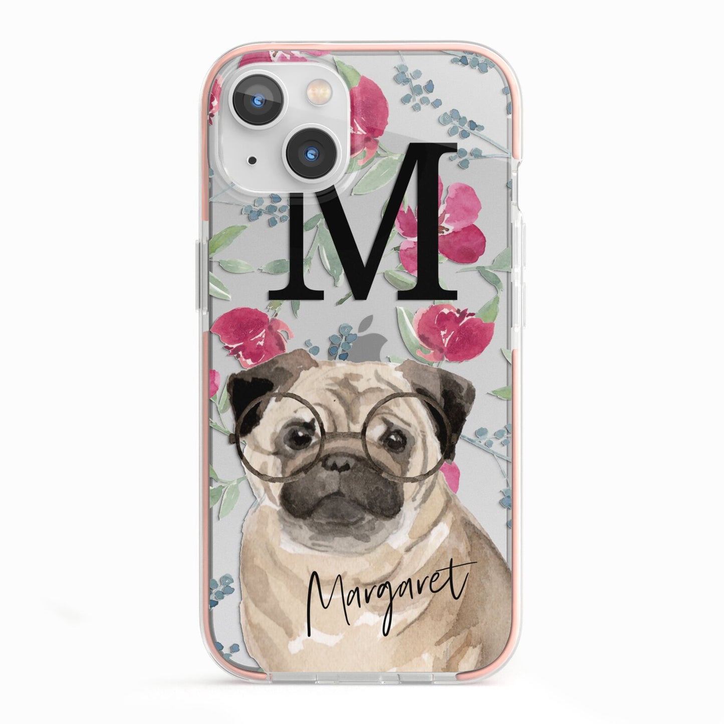 Personalised Pug Dog iPhone 13 TPU Impact Case with Pink Edges