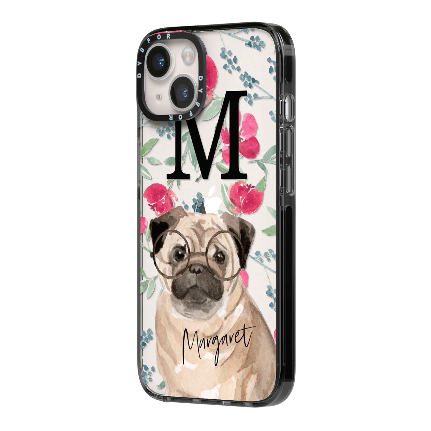 Personalised Pug Dog iPhone 14 Black Impact Case Side Angle on Silver phone