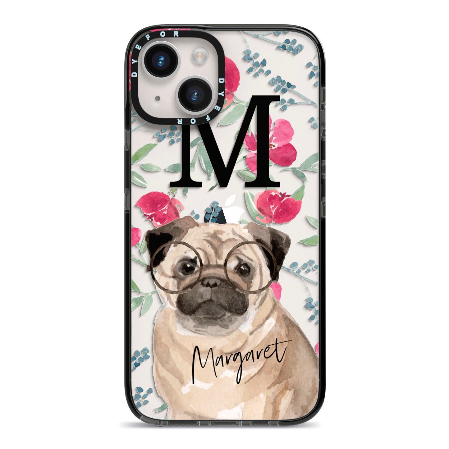 Personalised Pug Dog iPhone 14 Black Impact Case on Silver phone