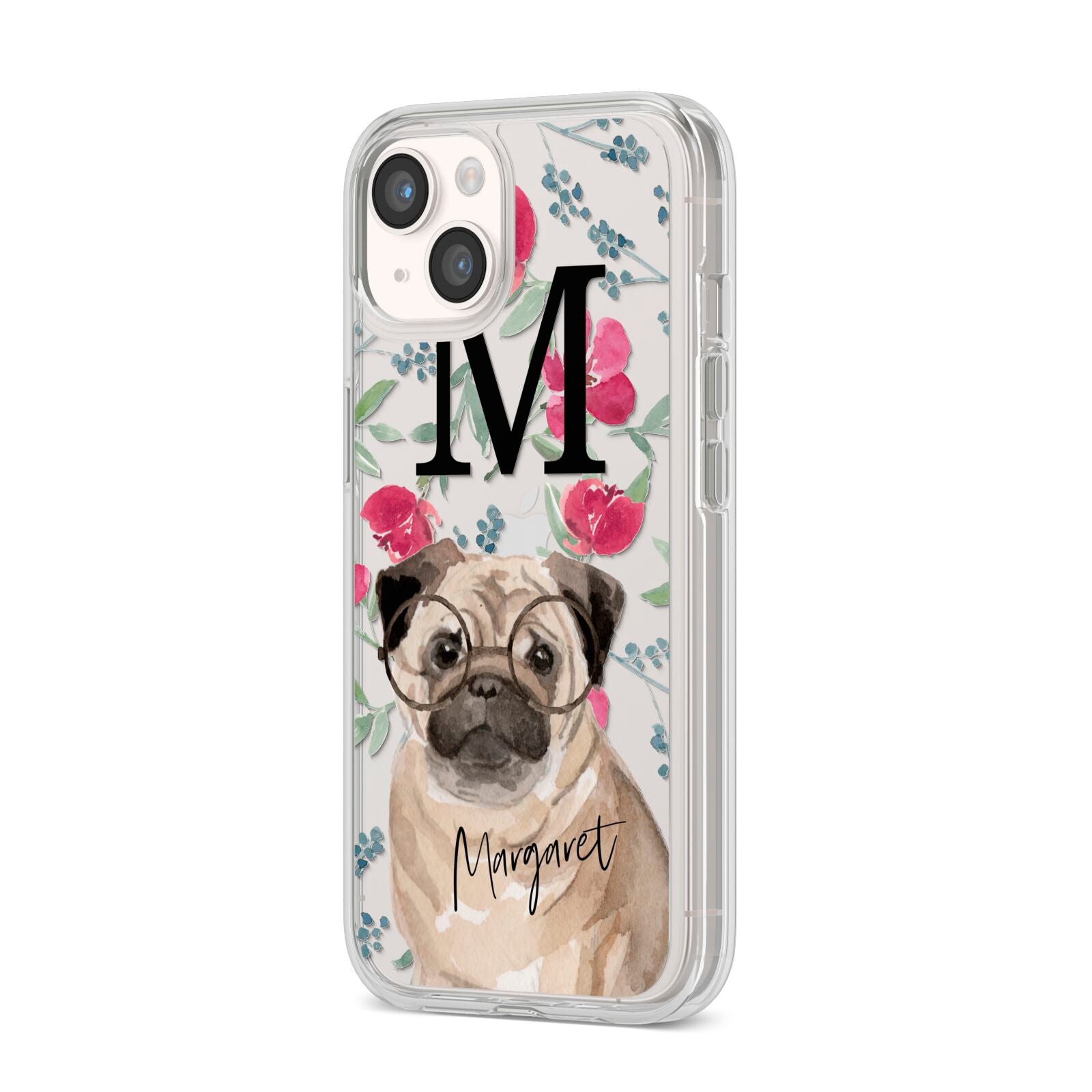 Personalised Pug Dog iPhone 14 Clear Tough Case Starlight Angled Image