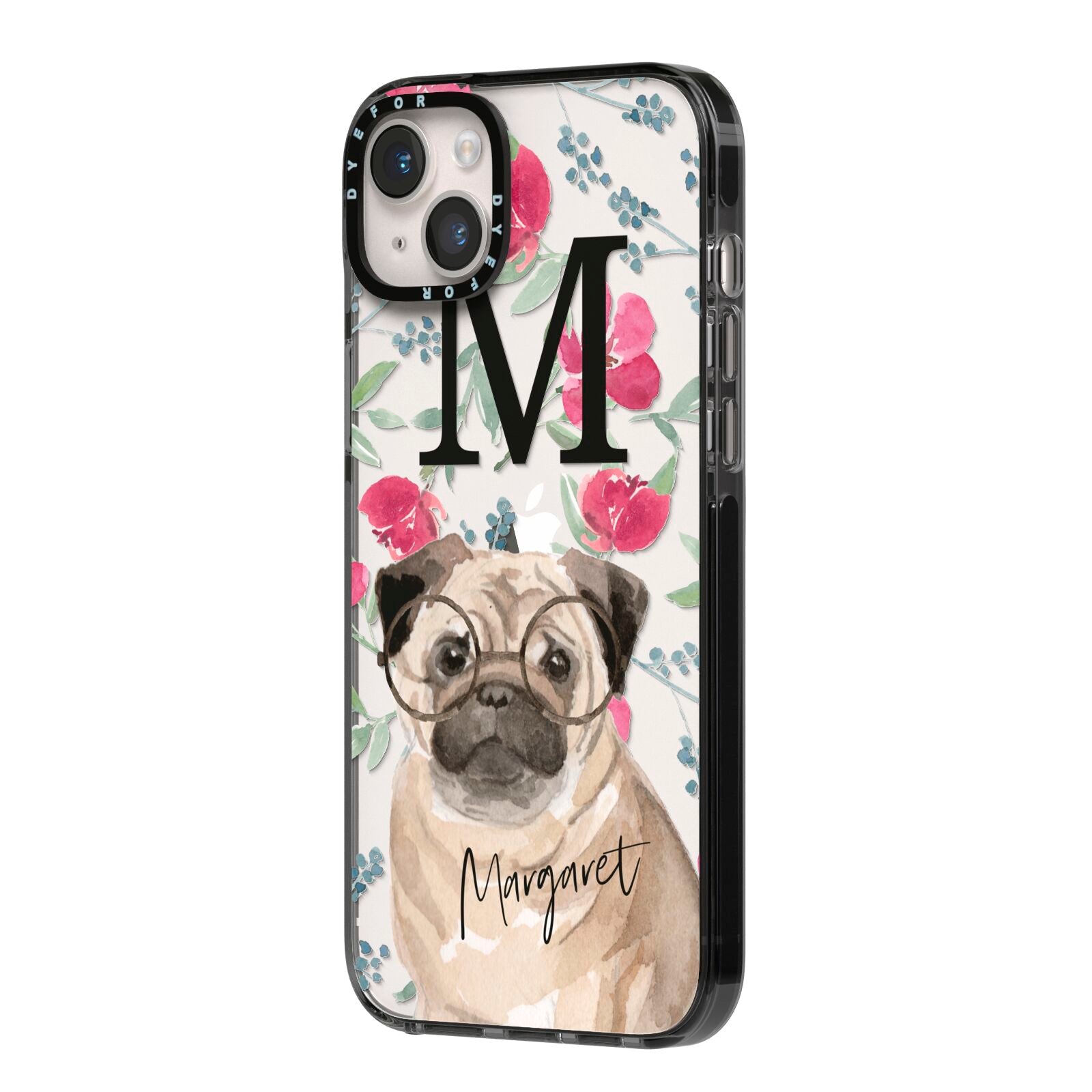 Personalised Pug Dog iPhone 14 Plus Black Impact Case Side Angle on Silver phone