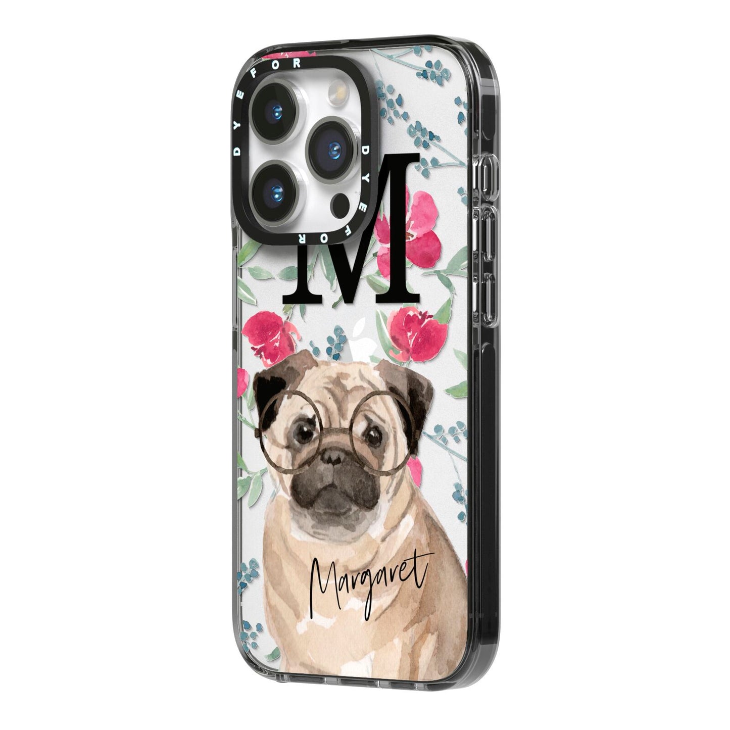 Personalised Pug Dog iPhone 14 Pro Black Impact Case Side Angle on Silver phone
