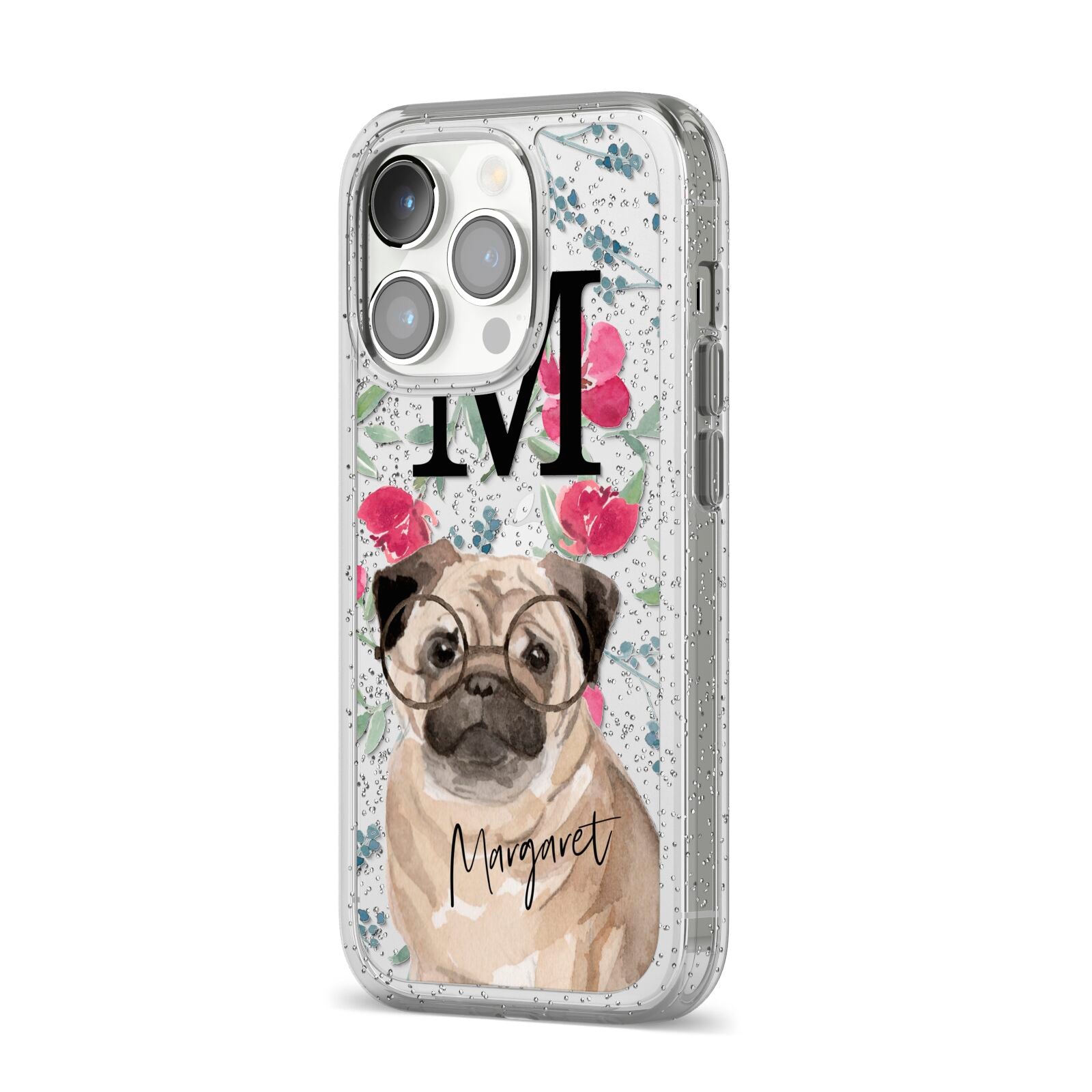 Personalised Pug Dog iPhone 14 Pro Glitter Tough Case Silver Angled Image