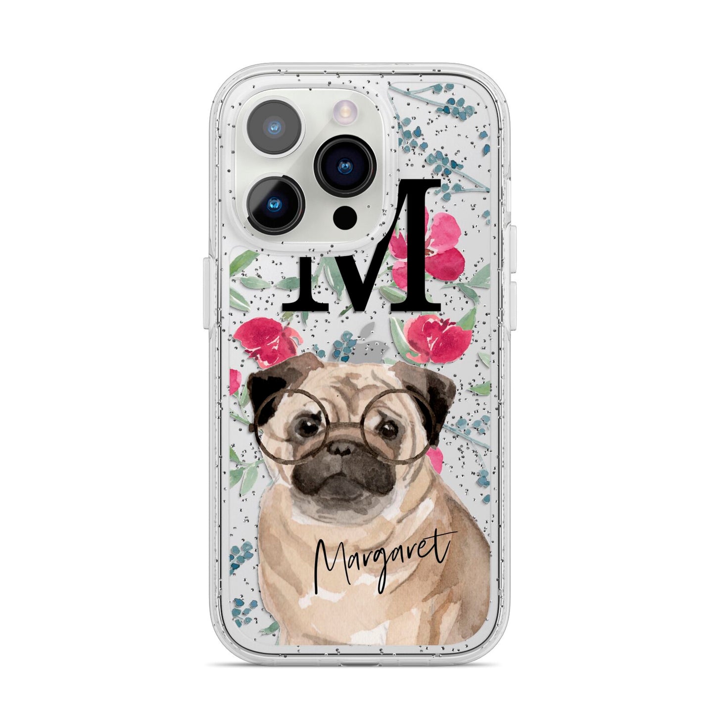 Personalised Pug Dog iPhone 14 Pro Glitter Tough Case Silver