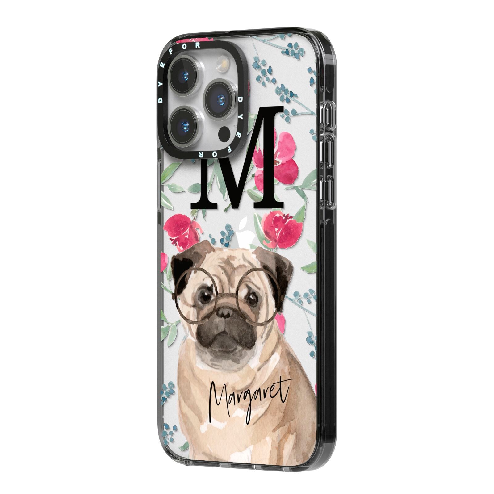 Personalised Pug Dog iPhone 14 Pro Max Black Impact Case Side Angle on Silver phone