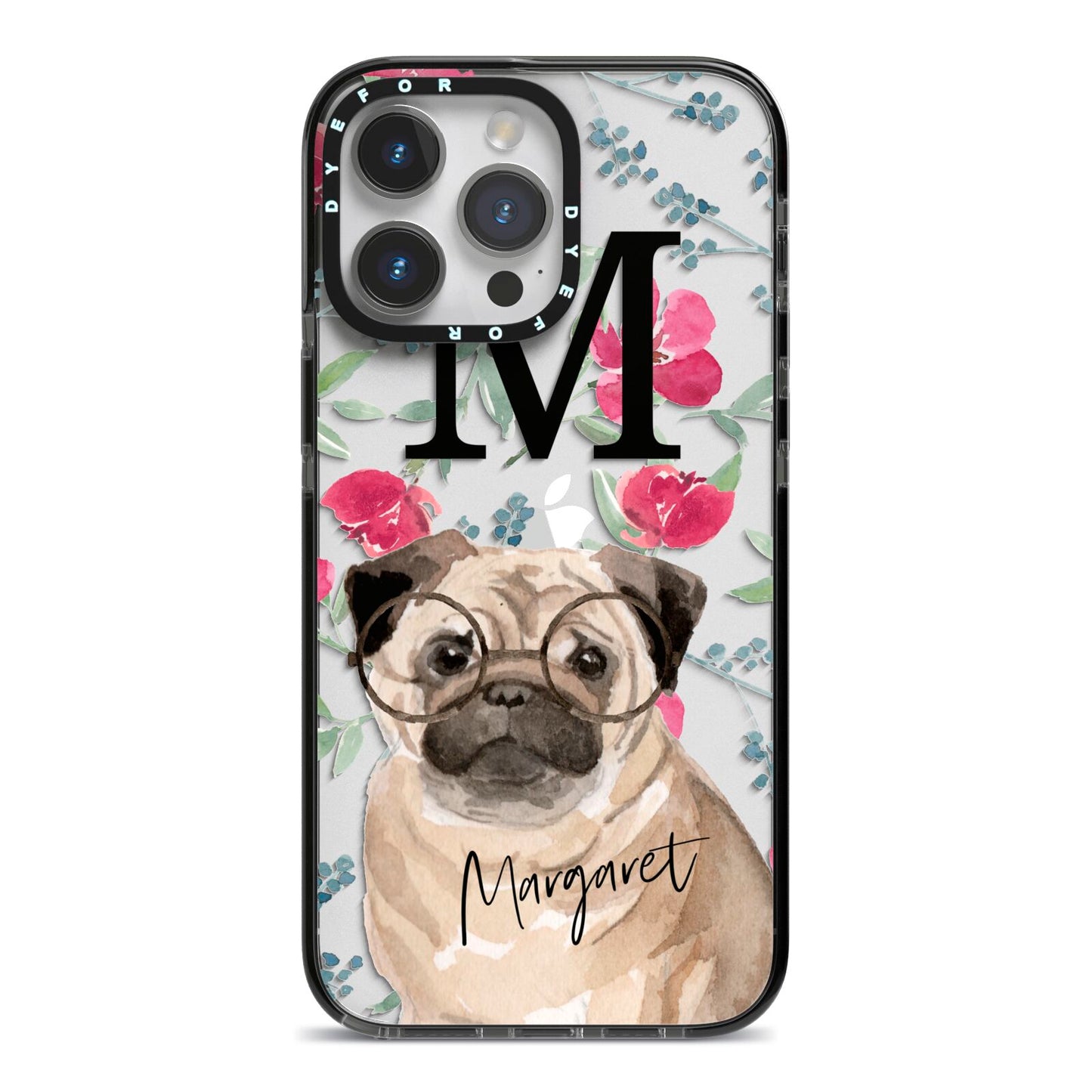 Personalised Pug Dog iPhone 14 Pro Max Black Impact Case on Silver phone