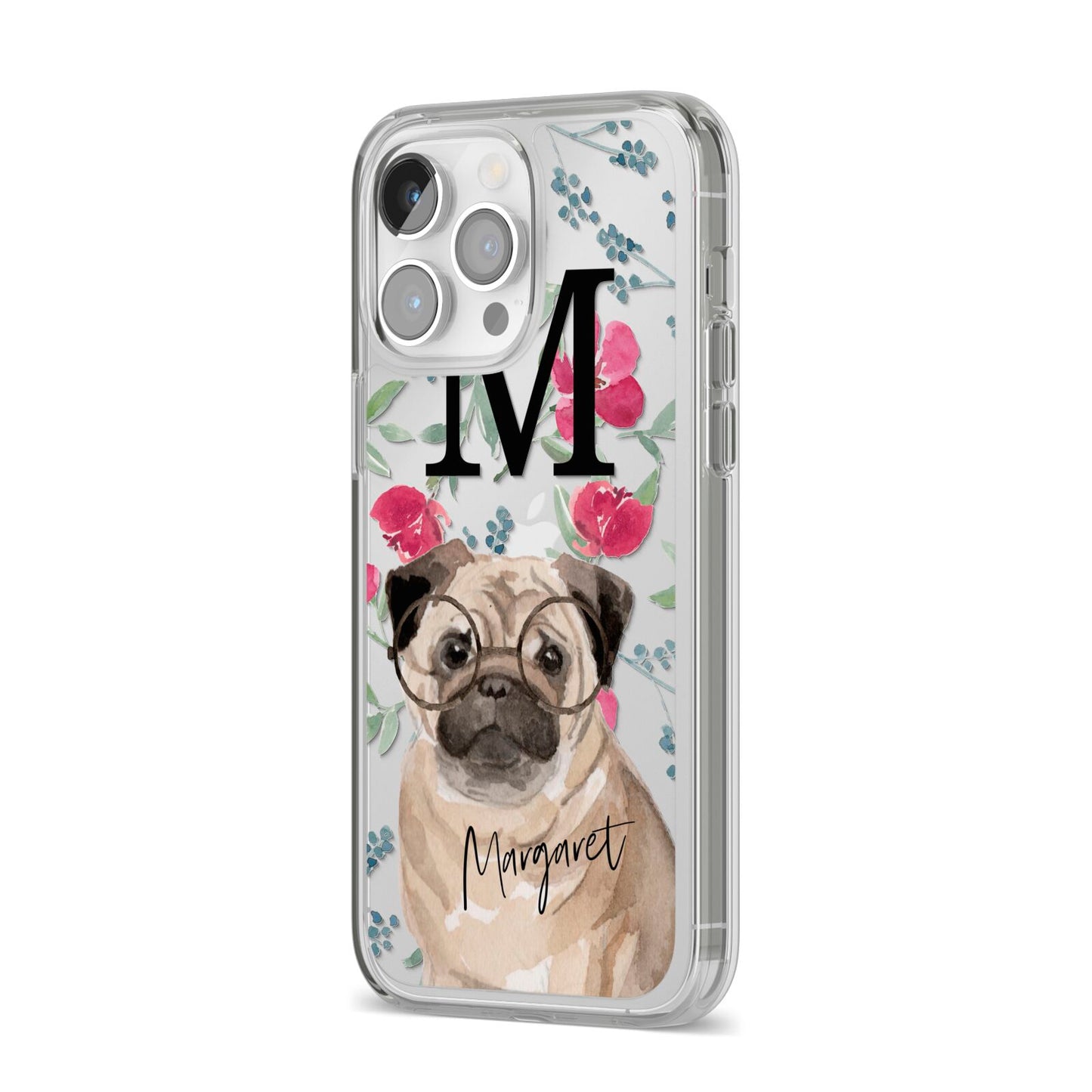 Personalised Pug Dog iPhone 14 Pro Max Clear Tough Case Silver Angled Image