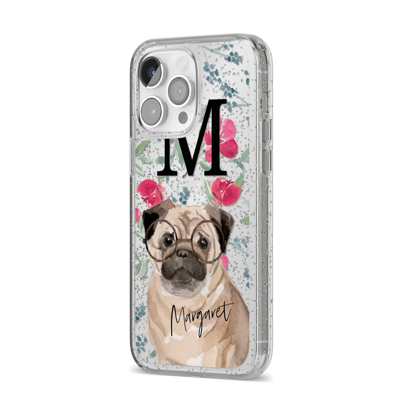 Personalised Pug Dog iPhone 14 Pro Max Glitter Tough Case Silver Angled Image