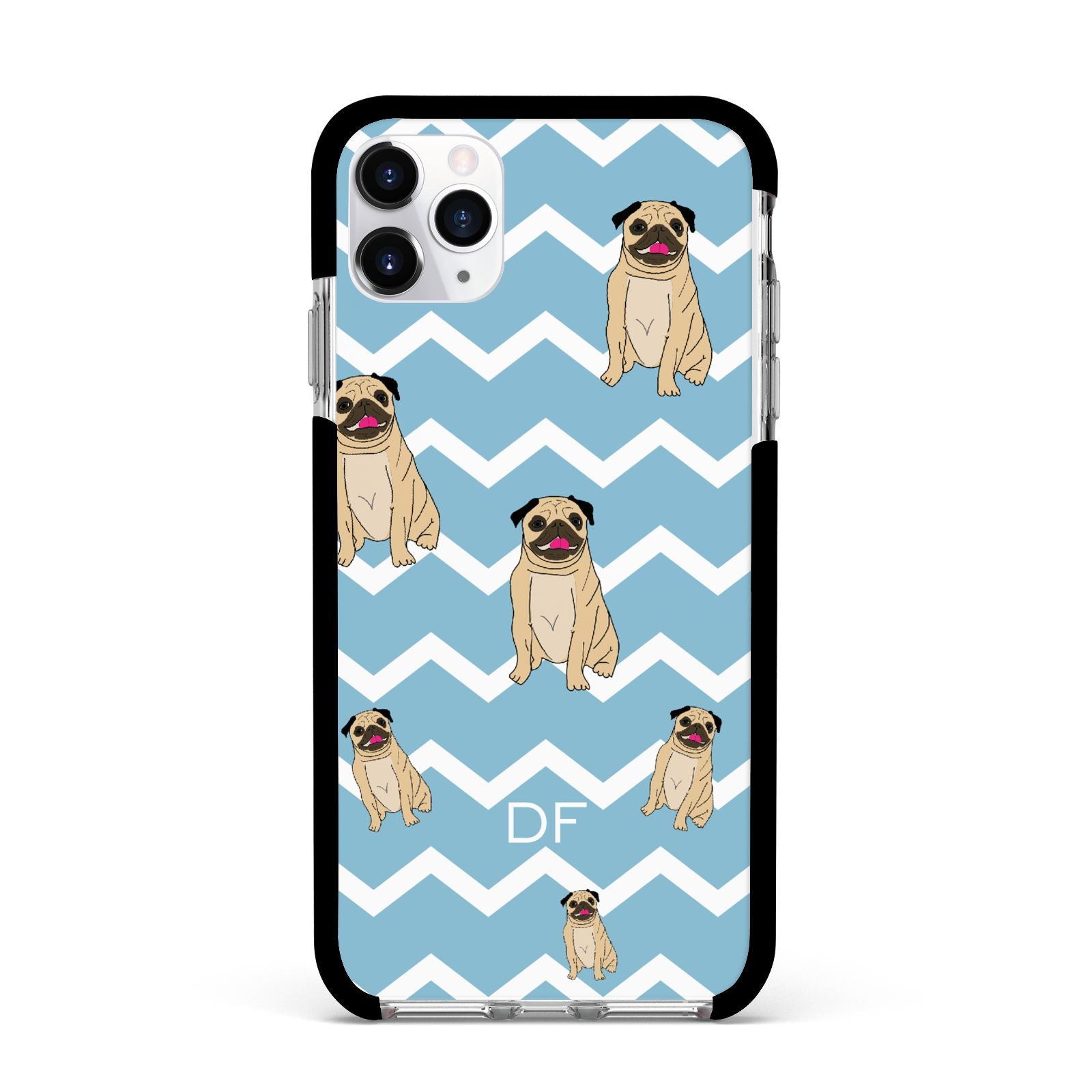 Personalised Pug Initials Apple iPhone 11 Pro Max in Silver with Black Impact Case
