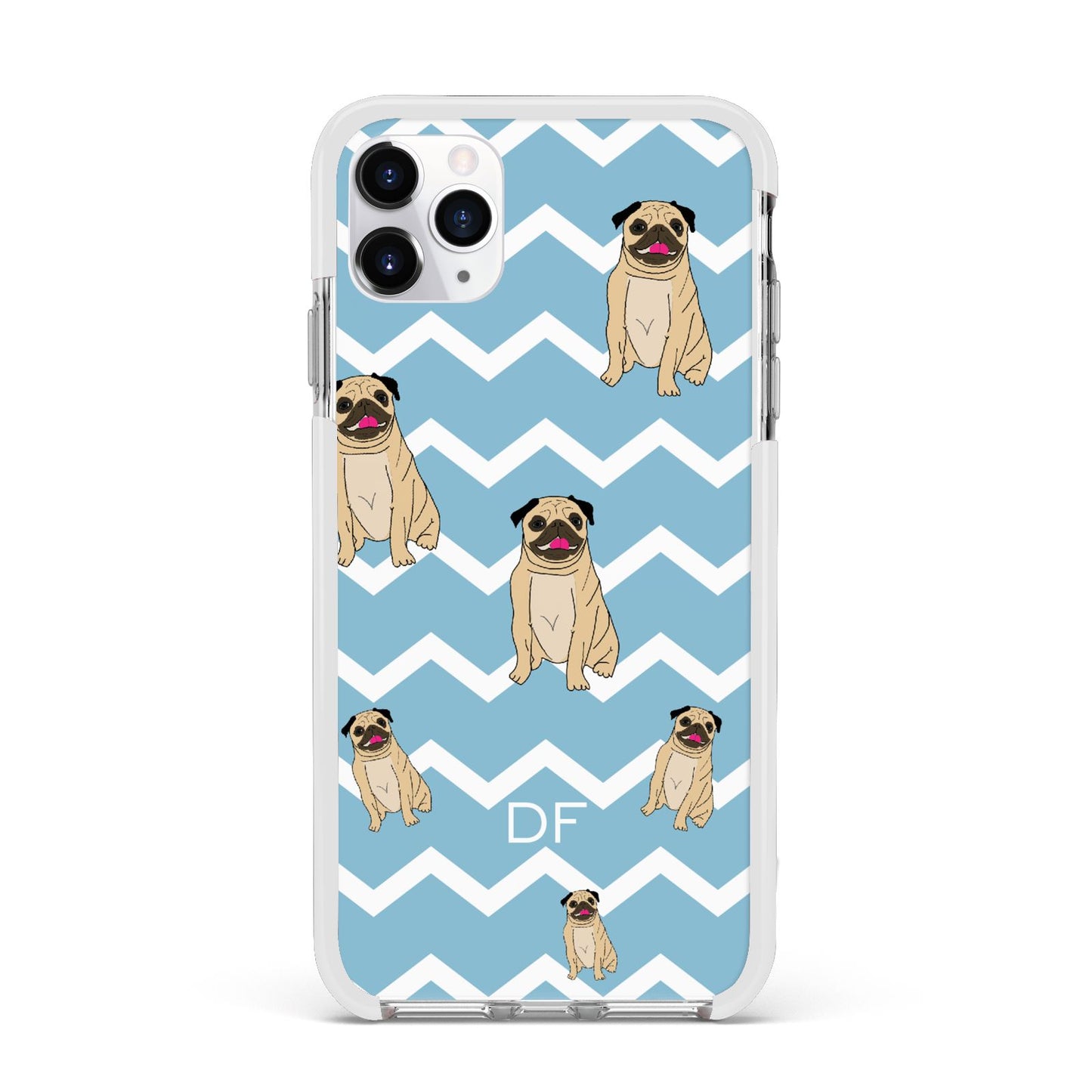 Personalised Pug Initials Apple iPhone 11 Pro Max in Silver with White Impact Case