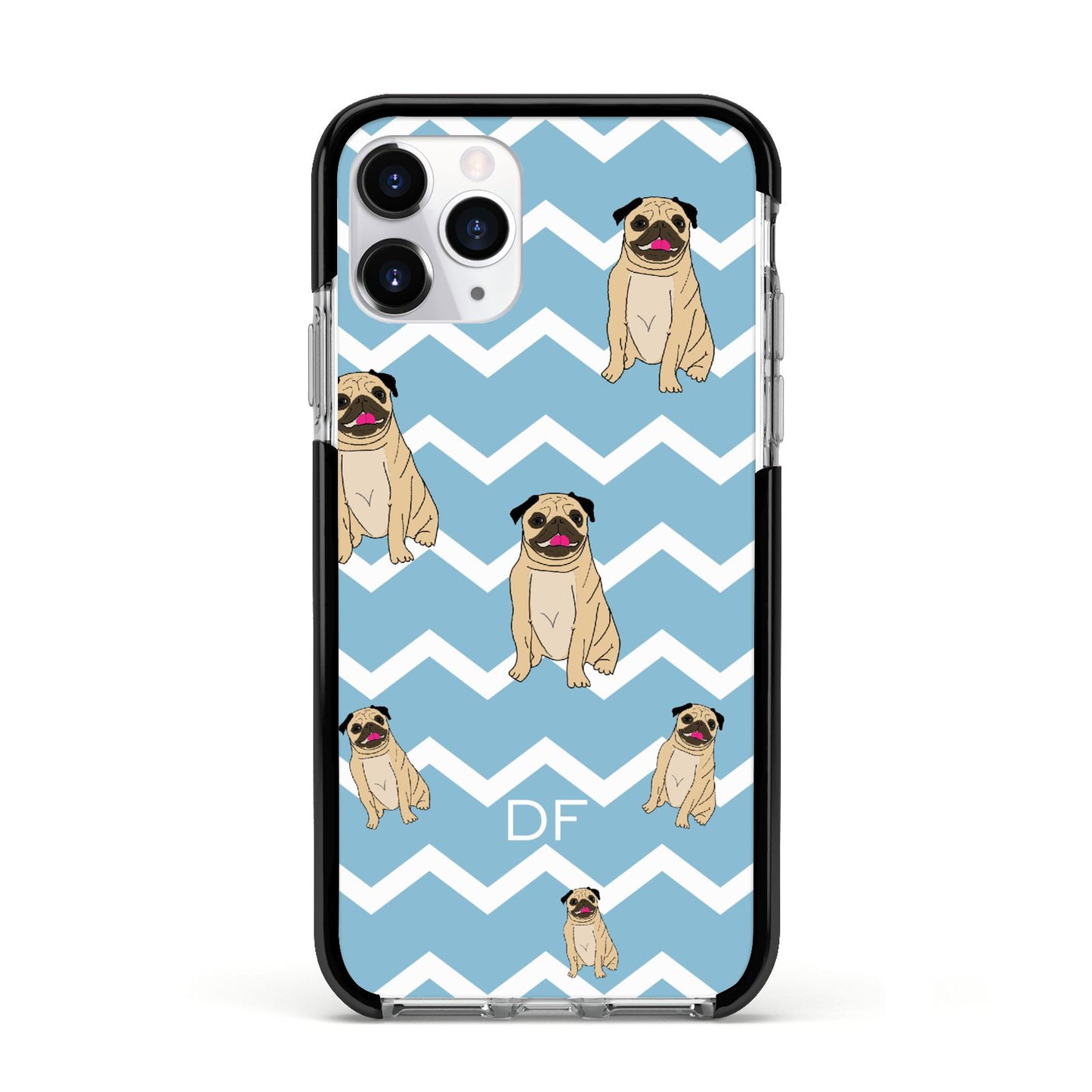 Personalised Pug Initials Apple iPhone 11 Pro in Silver with Black Impact Case