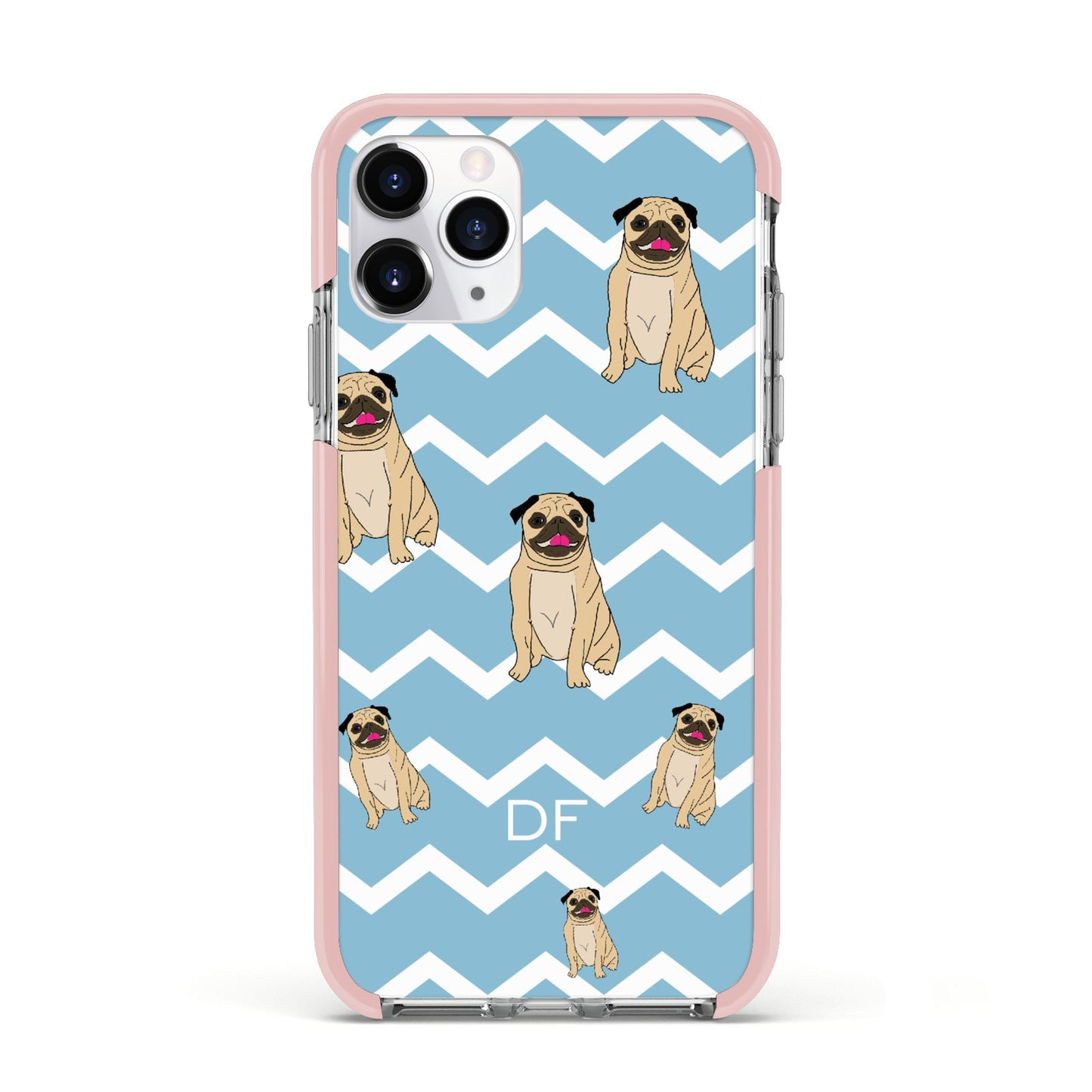 Personalised Pug Initials Apple iPhone 11 Pro in Silver with Pink Impact Case
