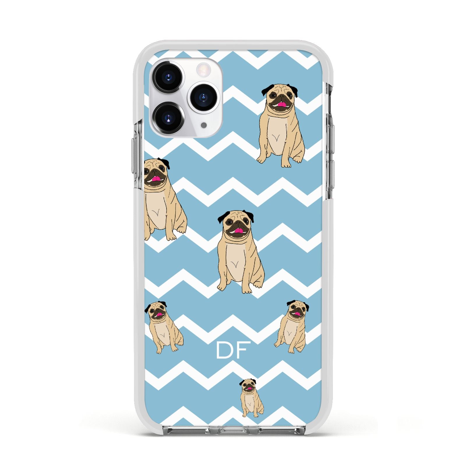 Personalised Pug Initials Apple iPhone 11 Pro in Silver with White Impact Case