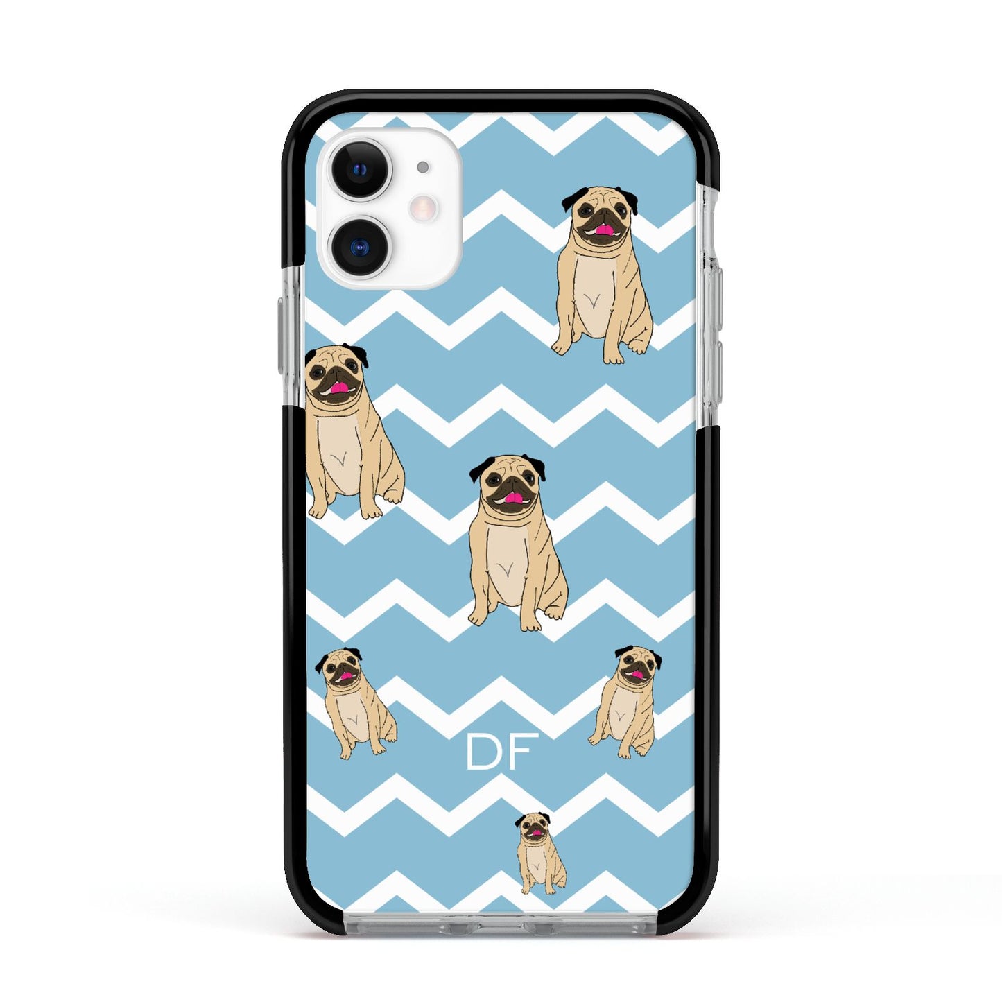 Personalised Pug Initials Apple iPhone 11 in White with Black Impact Case