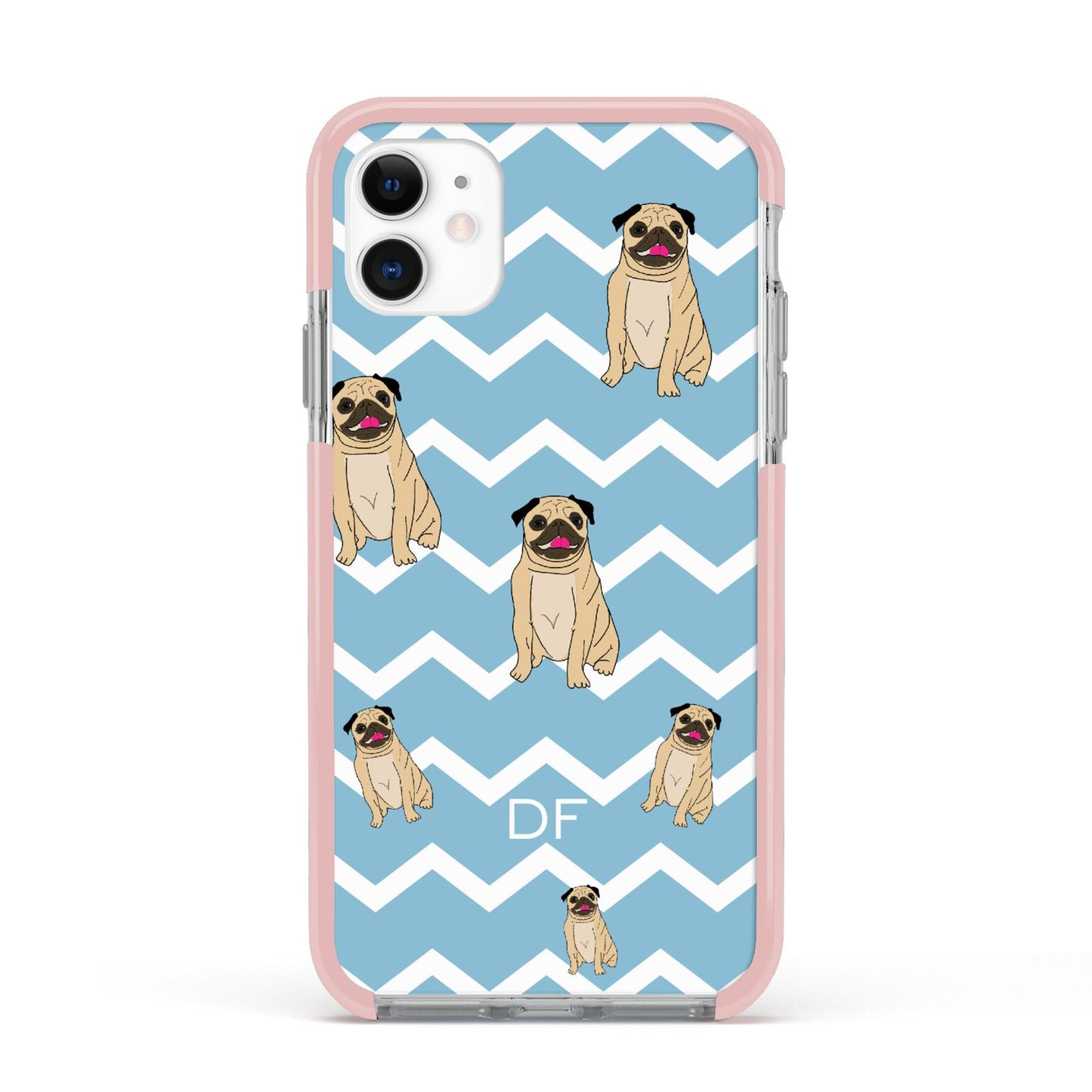 Personalised Pug Initials Apple iPhone 11 in White with Pink Impact Case