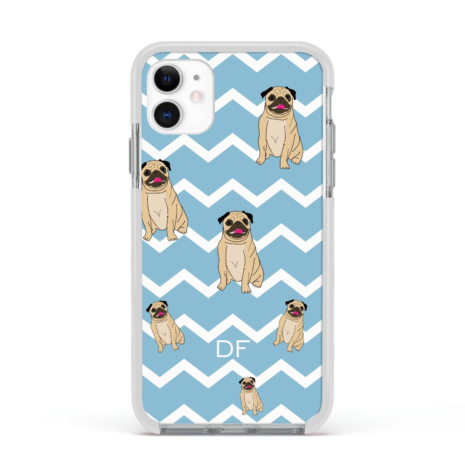 Personalised Pug Initials Apple iPhone 11 in White with White Impact Case