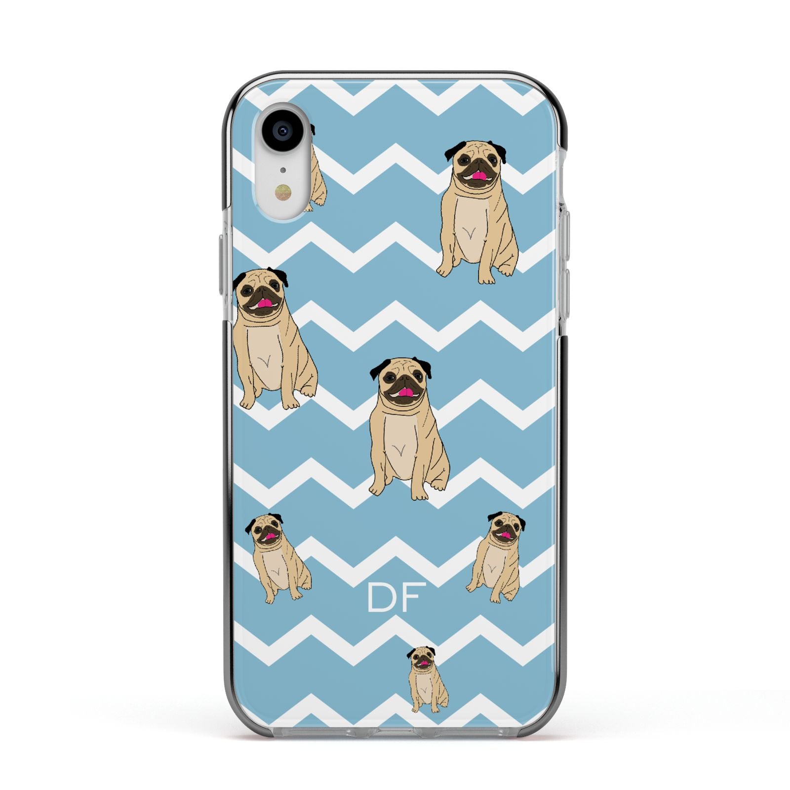 Personalised Pug Initials Apple iPhone XR Impact Case Black Edge on Silver Phone