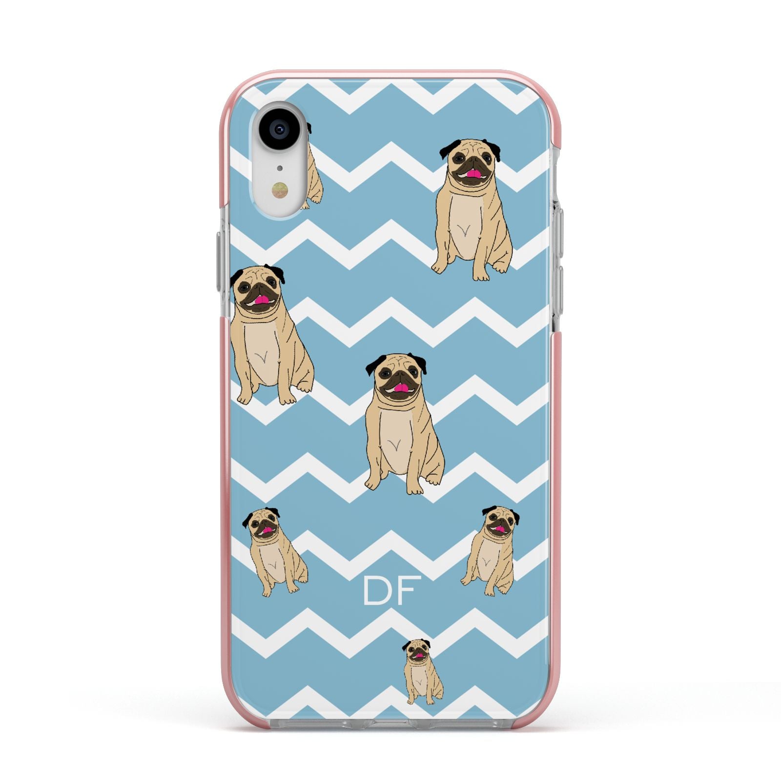 Personalised Pug Initials Apple iPhone XR Impact Case Pink Edge on Silver Phone