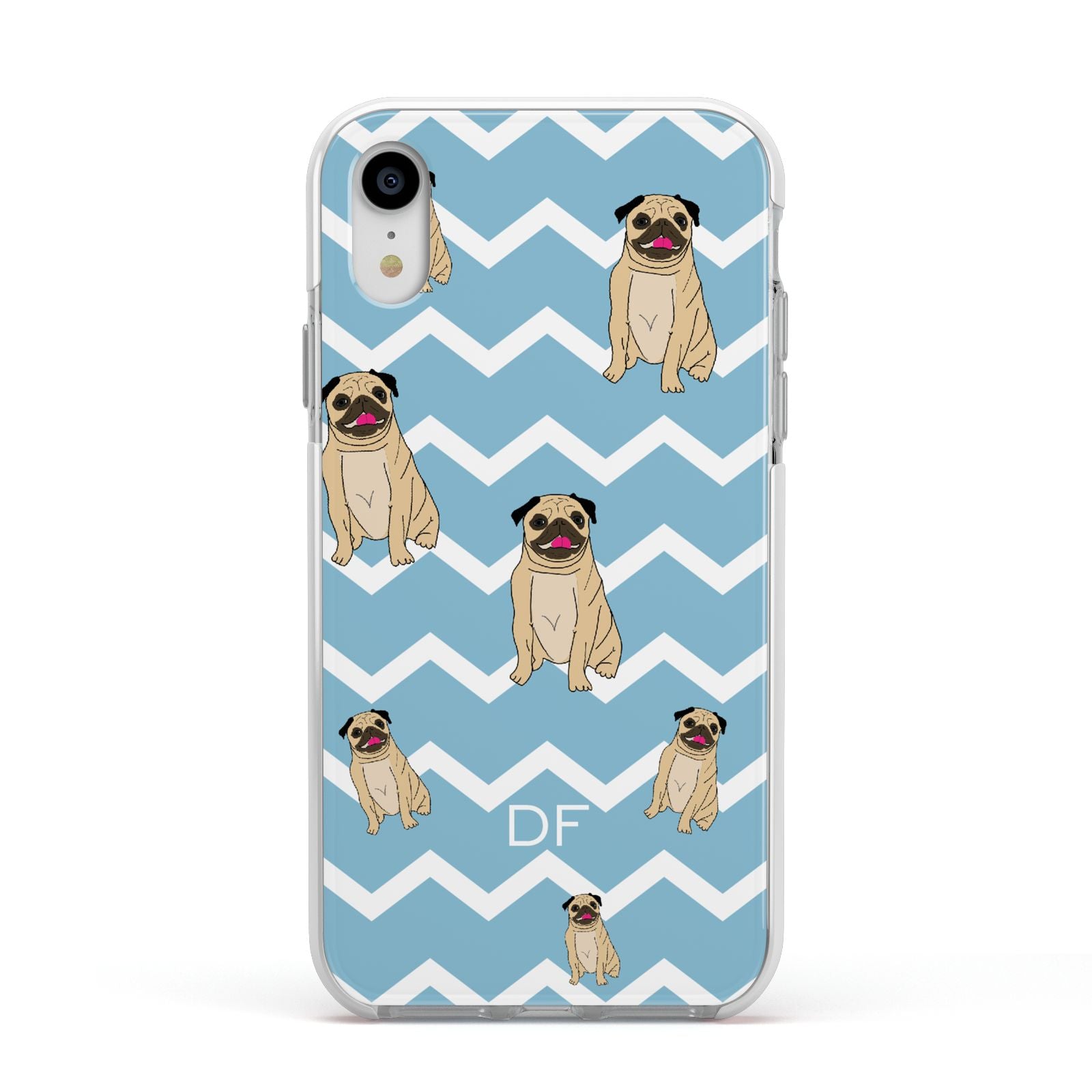 Personalised Pug Initials Apple iPhone XR Impact Case White Edge on Silver Phone